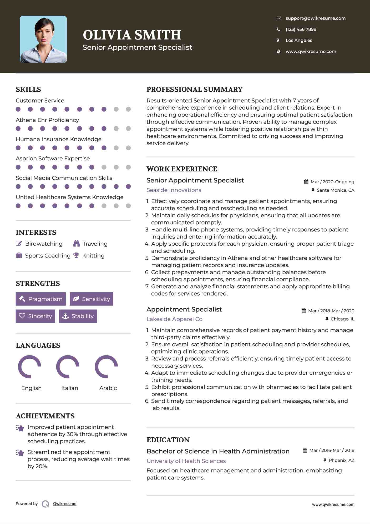Senior Appointment Specialist Resume Sample