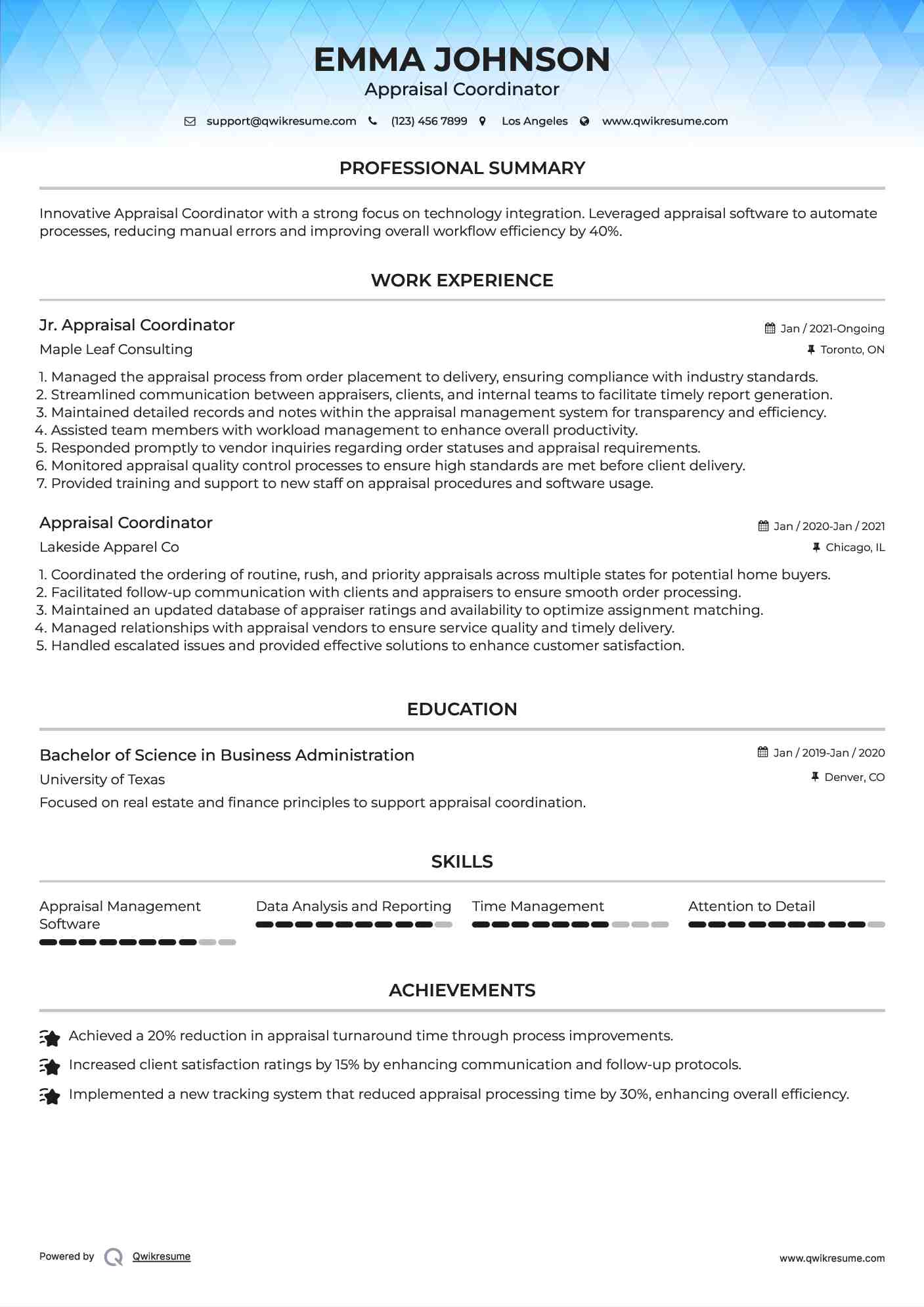 Jr. Appraisal Coordinator Resume Format