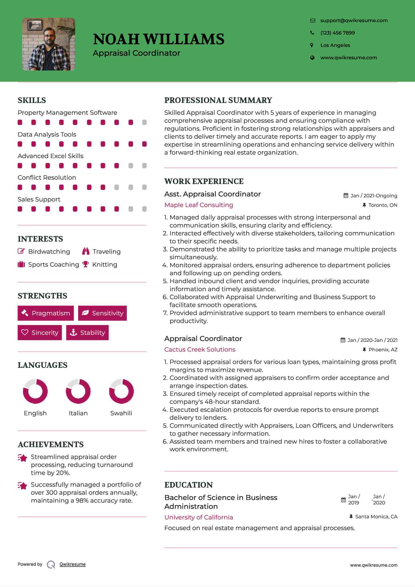 Asst. Appraisal Coordinator Resume Example