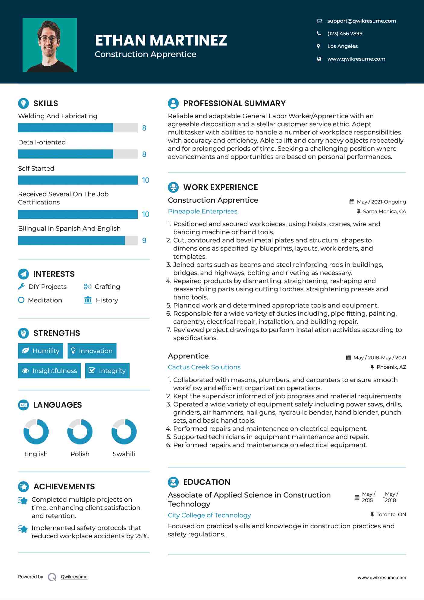Construction Apprentice Resume Sample