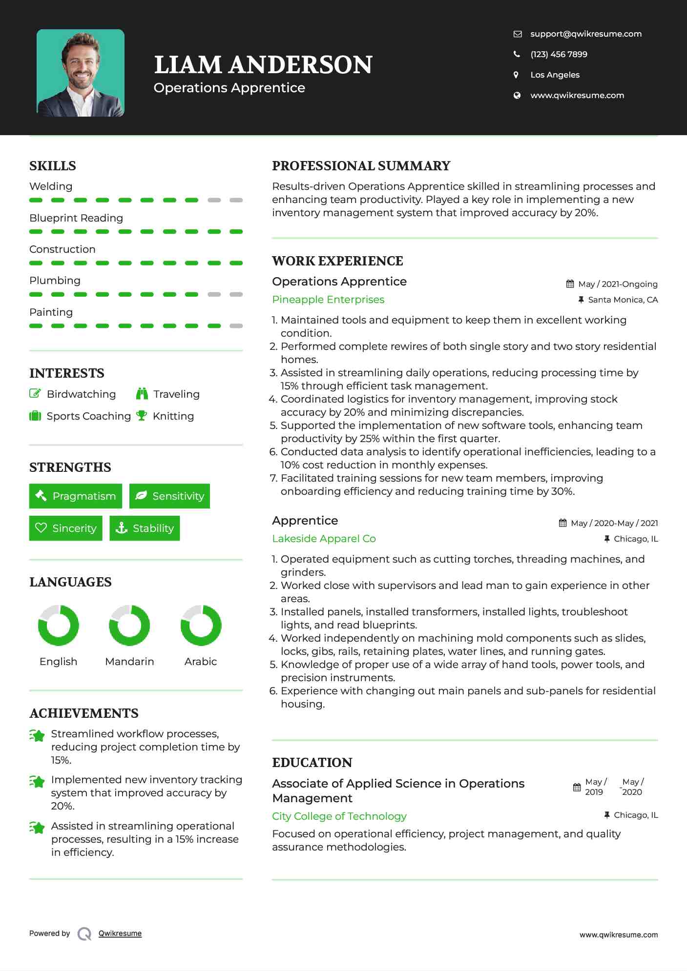 Operations Apprentice Resume Sample