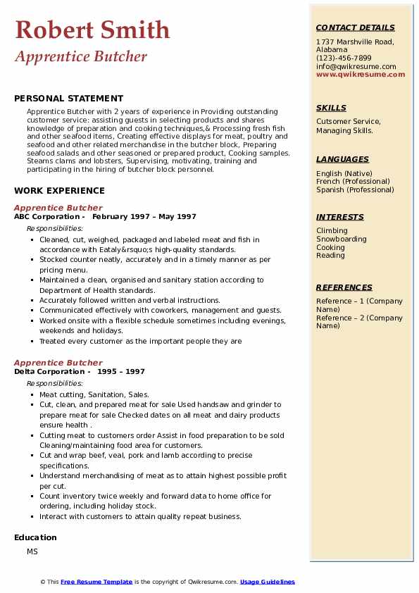 Apprentice Butcher Resume Samples QwikResume