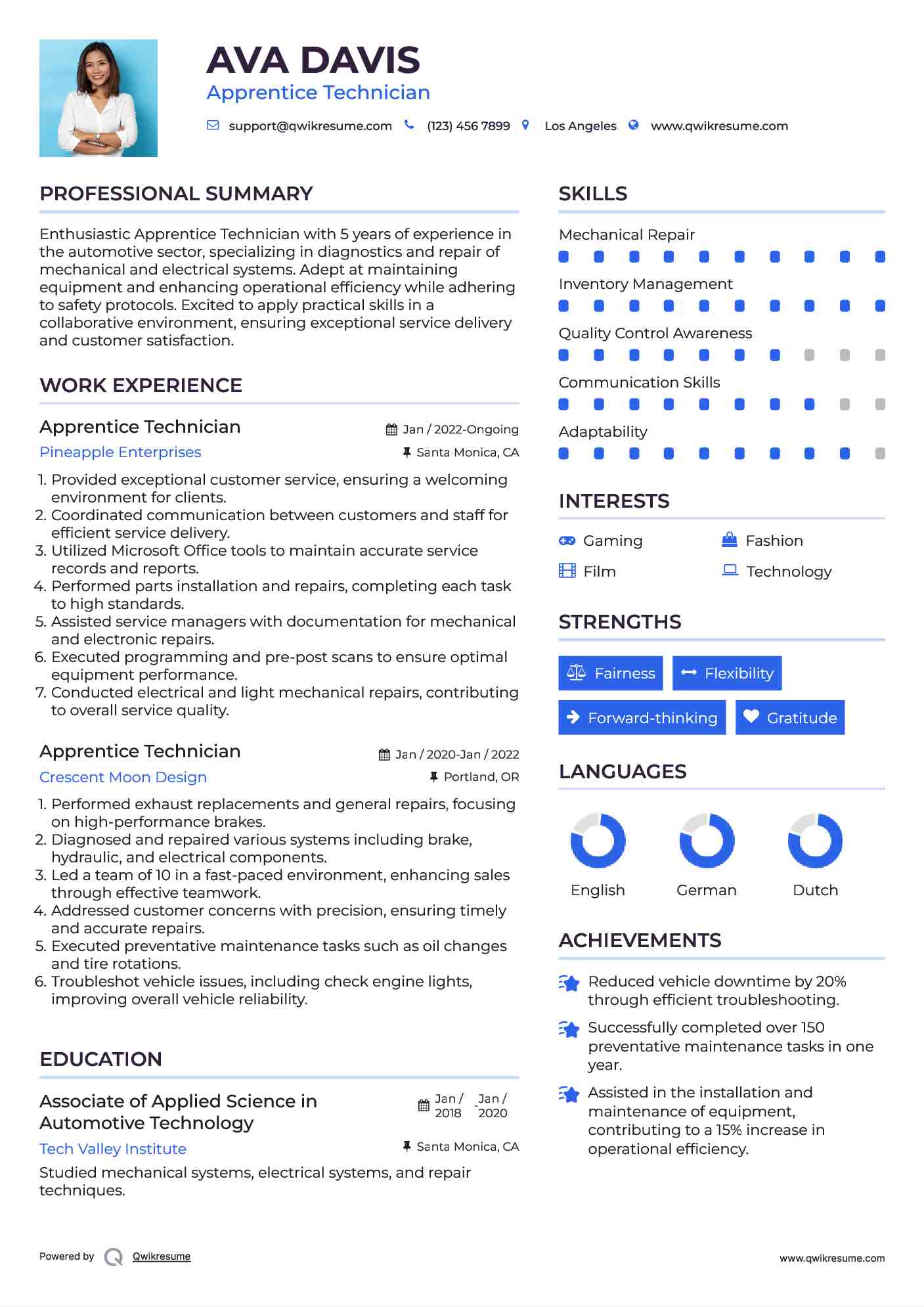 Apprentice Technician Resume Example