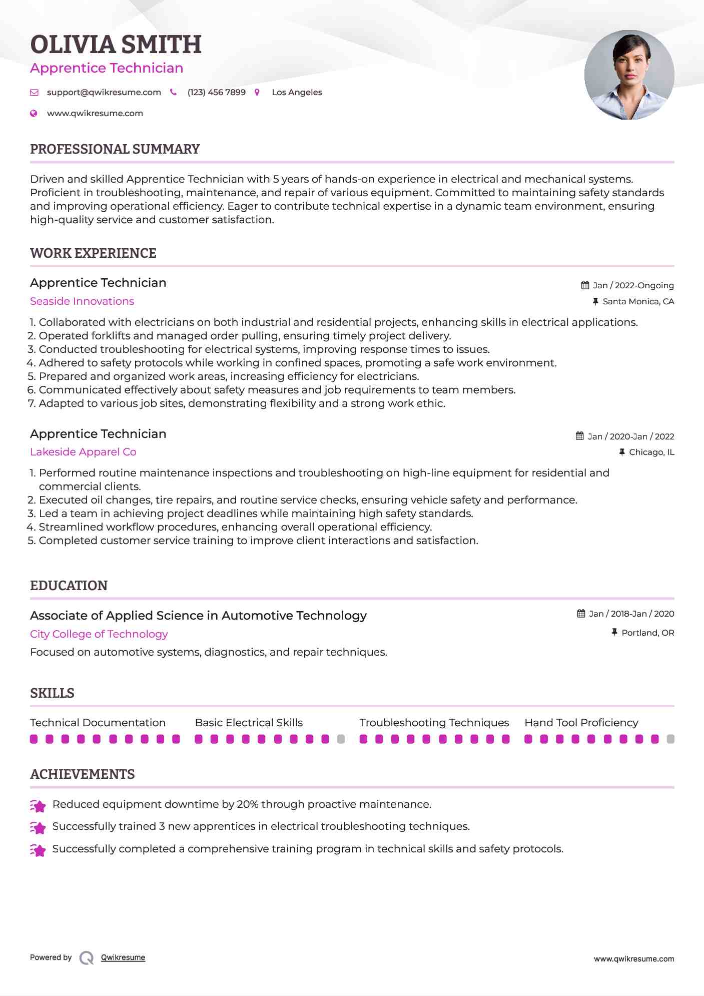 Apprentice Technician Resume Model