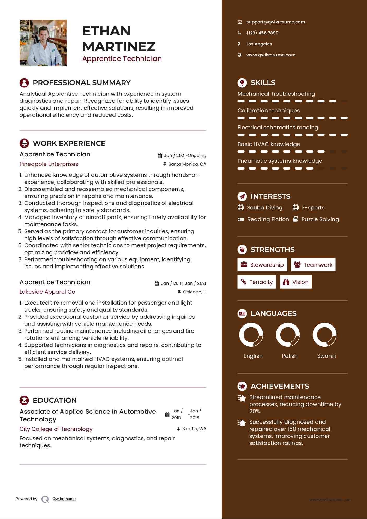 Apprentice Technician Resume Model