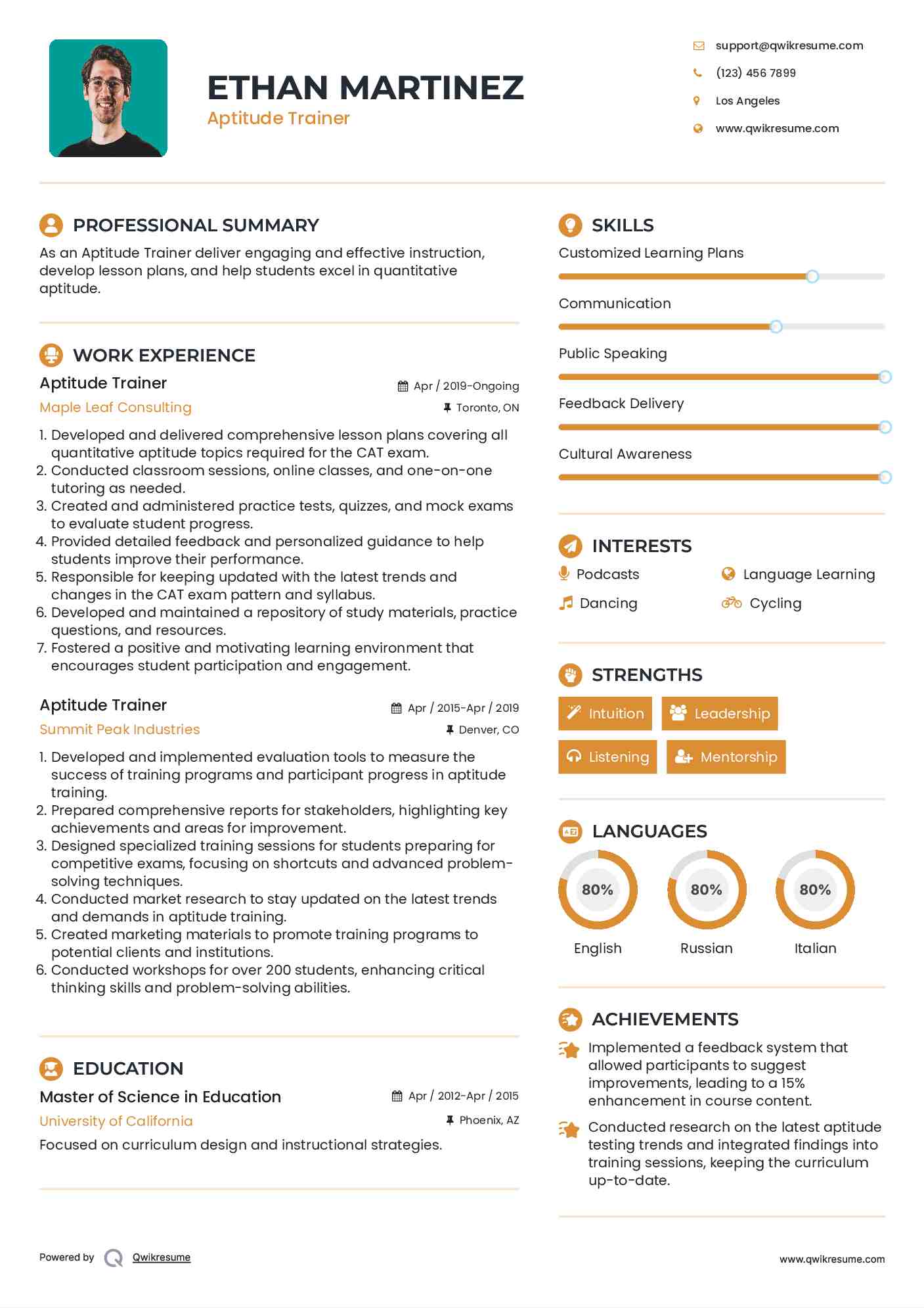 Aptitude Trainer Resume Example