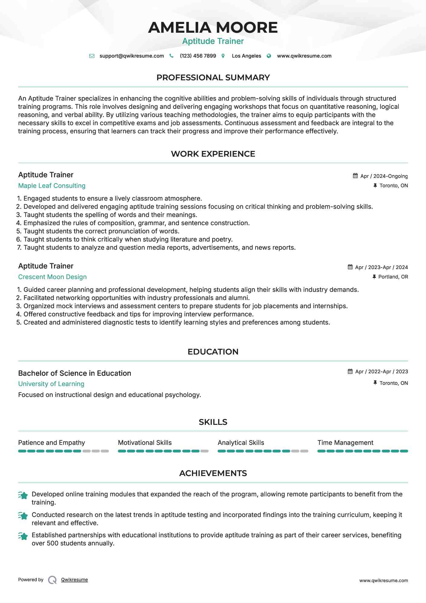Aptitude Trainer Resume Example
