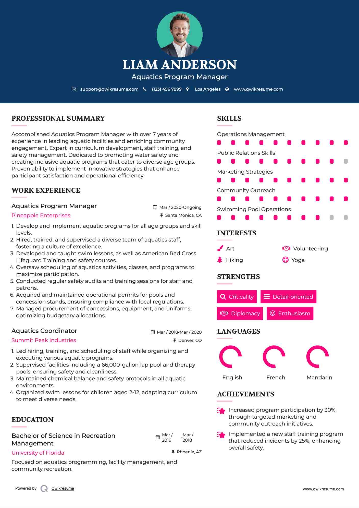 Aquatics Program Manager Resume Template