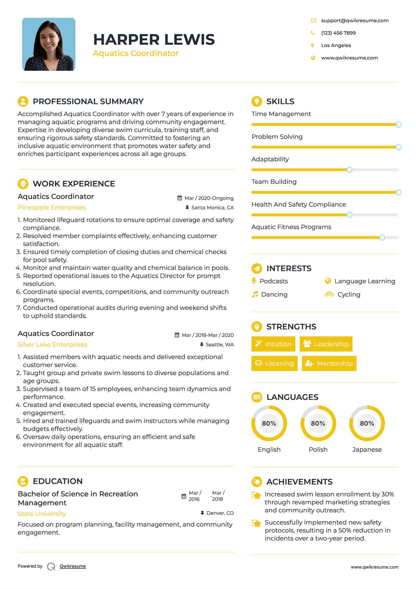 Aquatics Coordinator Resume Template