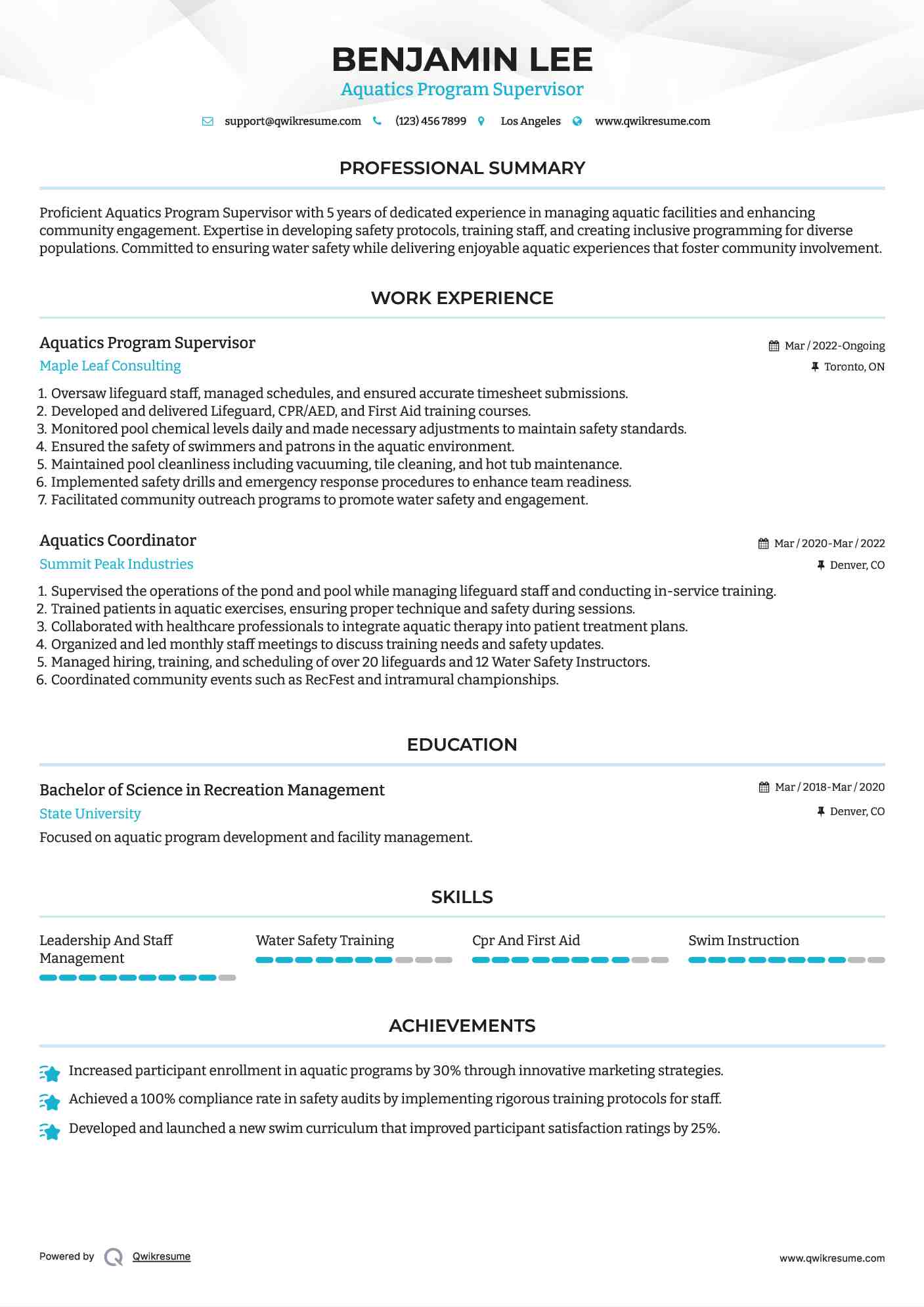 Aquatics Program Supervisor Resume Example