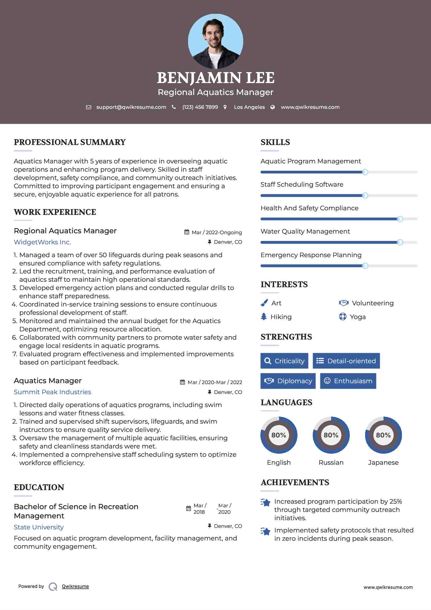 Regional Aquatics Manager
 Resume Sample