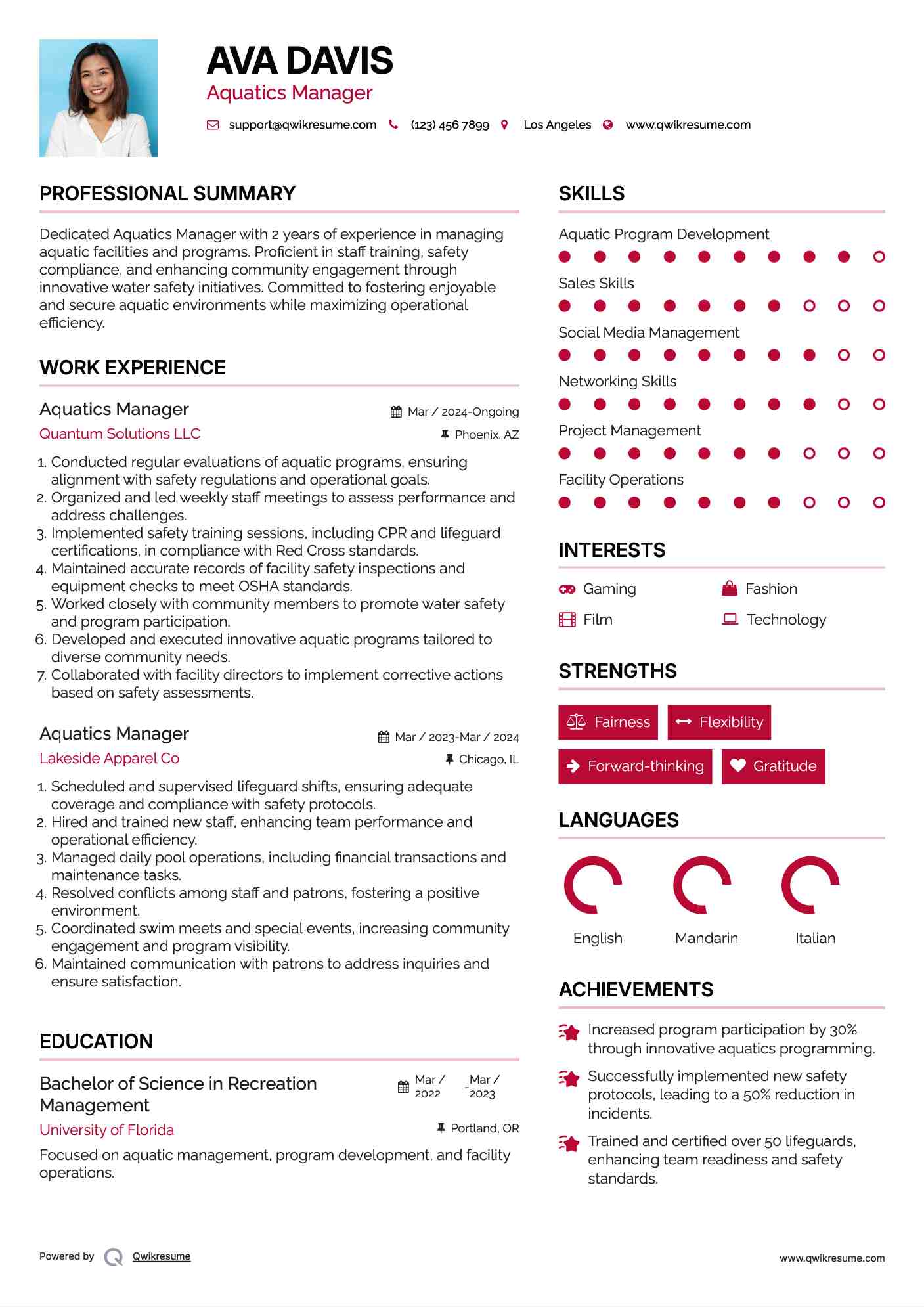Aquatics Manager Resume Template