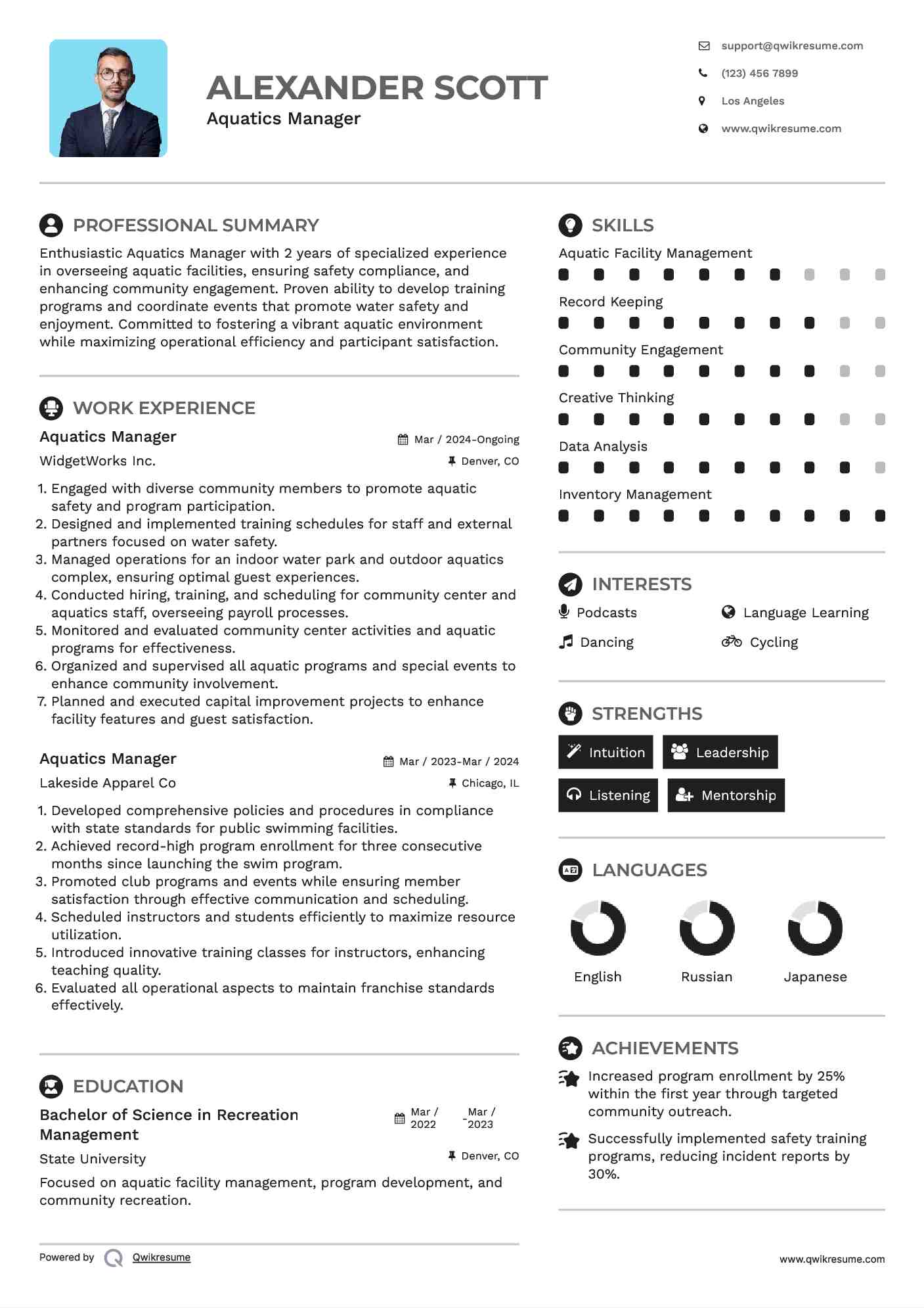 Aquatics Manager Resume Samples QwikResume