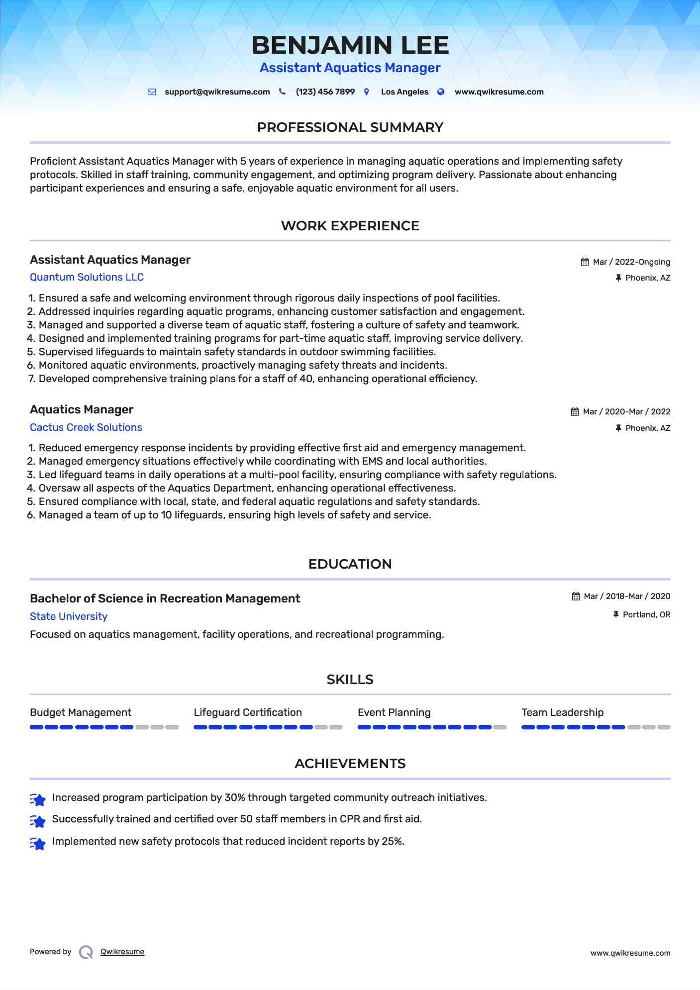 Assistant Aquatics Manager Resume Example