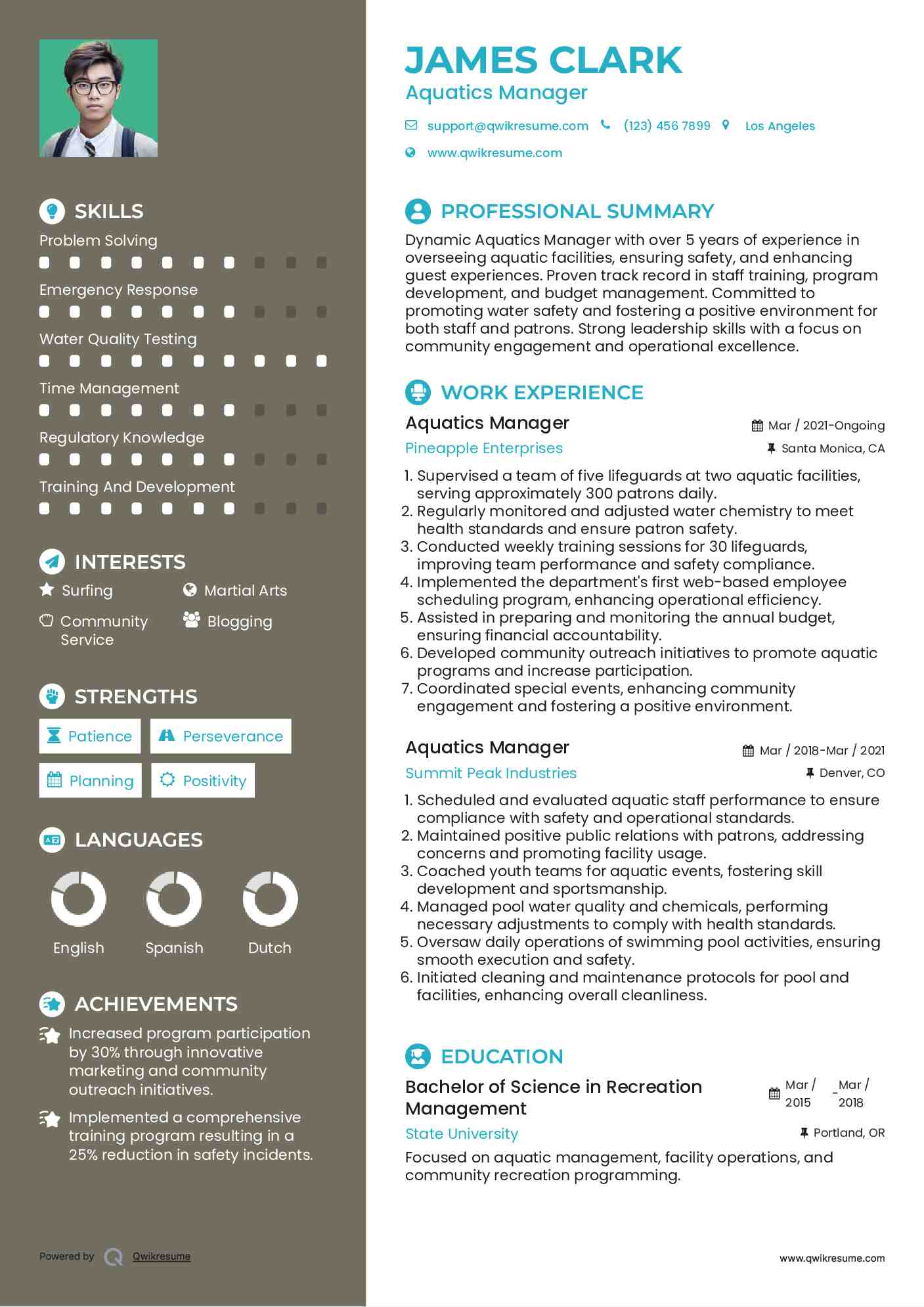 Aquatics Manager Resume Format