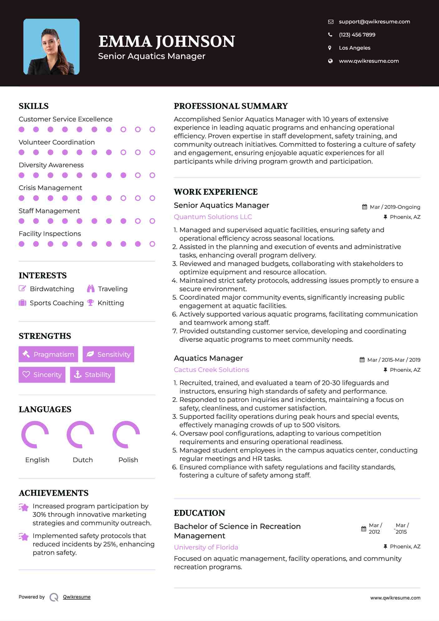 Aquatics Manager Resume Samples QwikResume