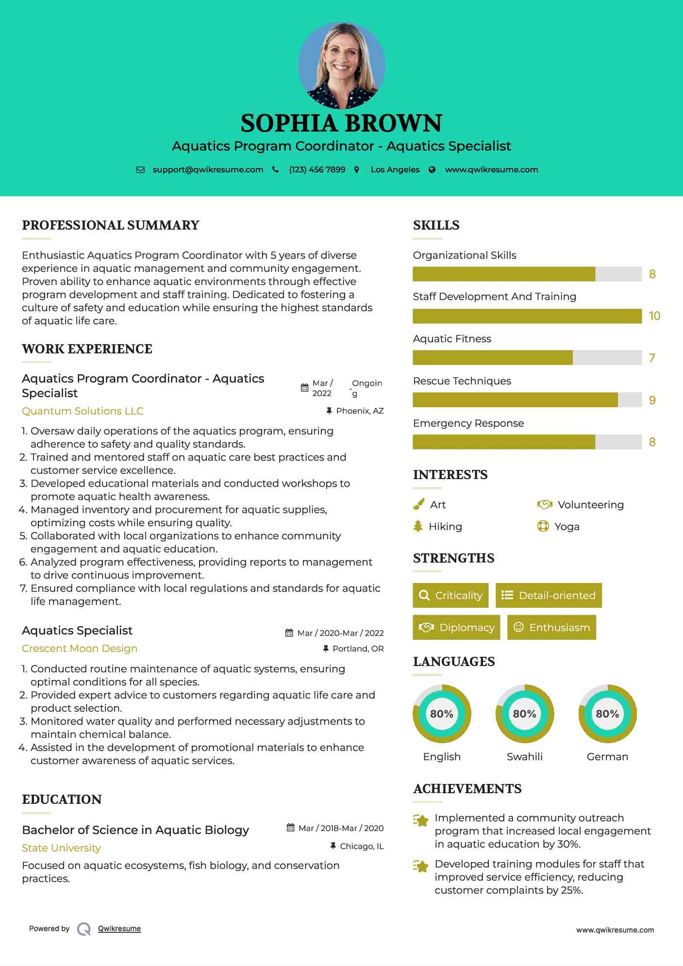 Aquatics Program Coordinator - Aquatics Specialist Resume Sample