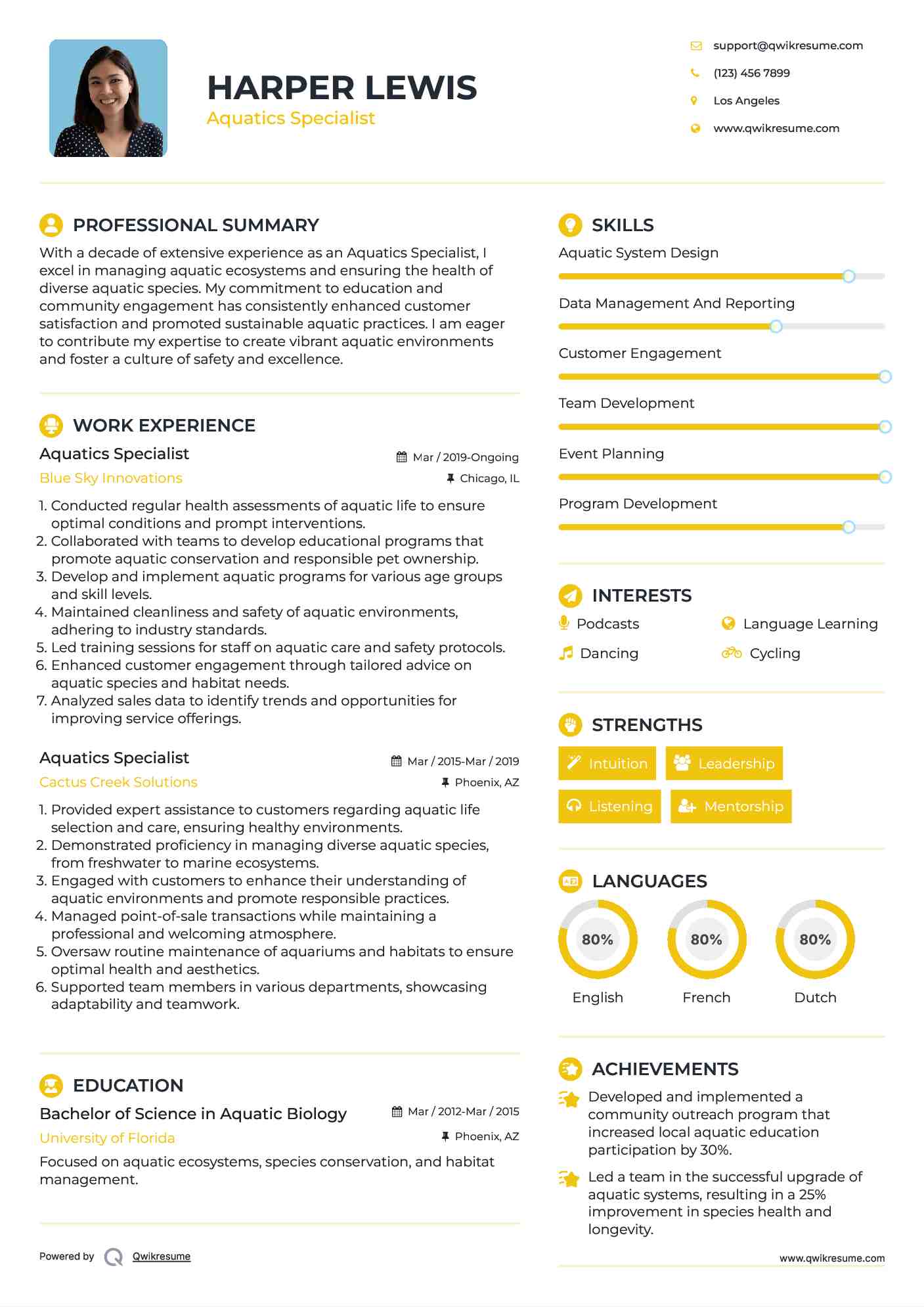 Aquatics Specialist Resume Model