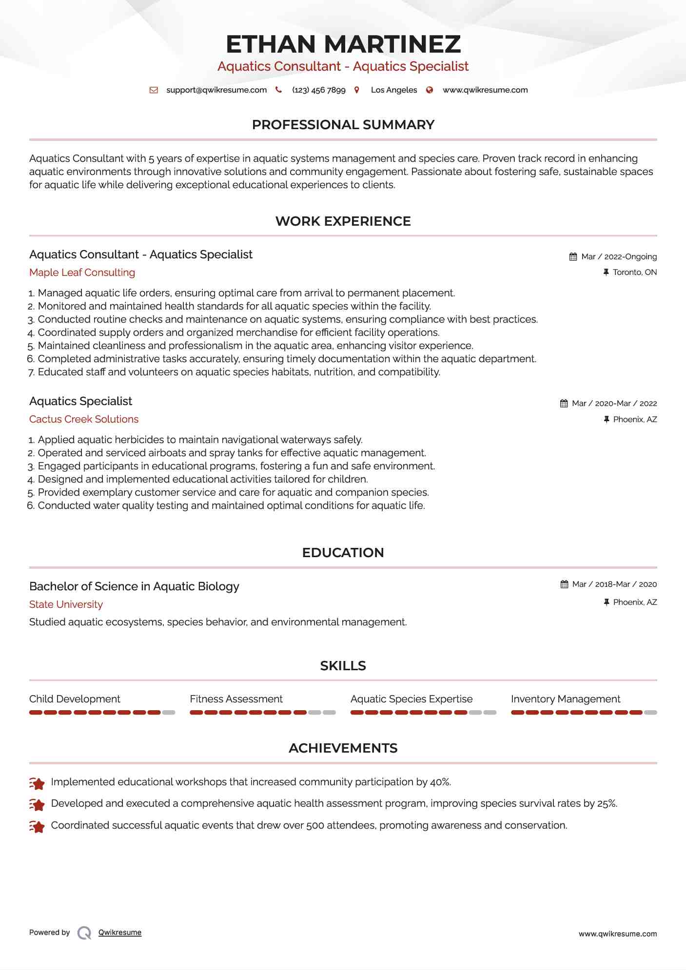 Aquatics Consultant - Aquatics Specialist Resume Model