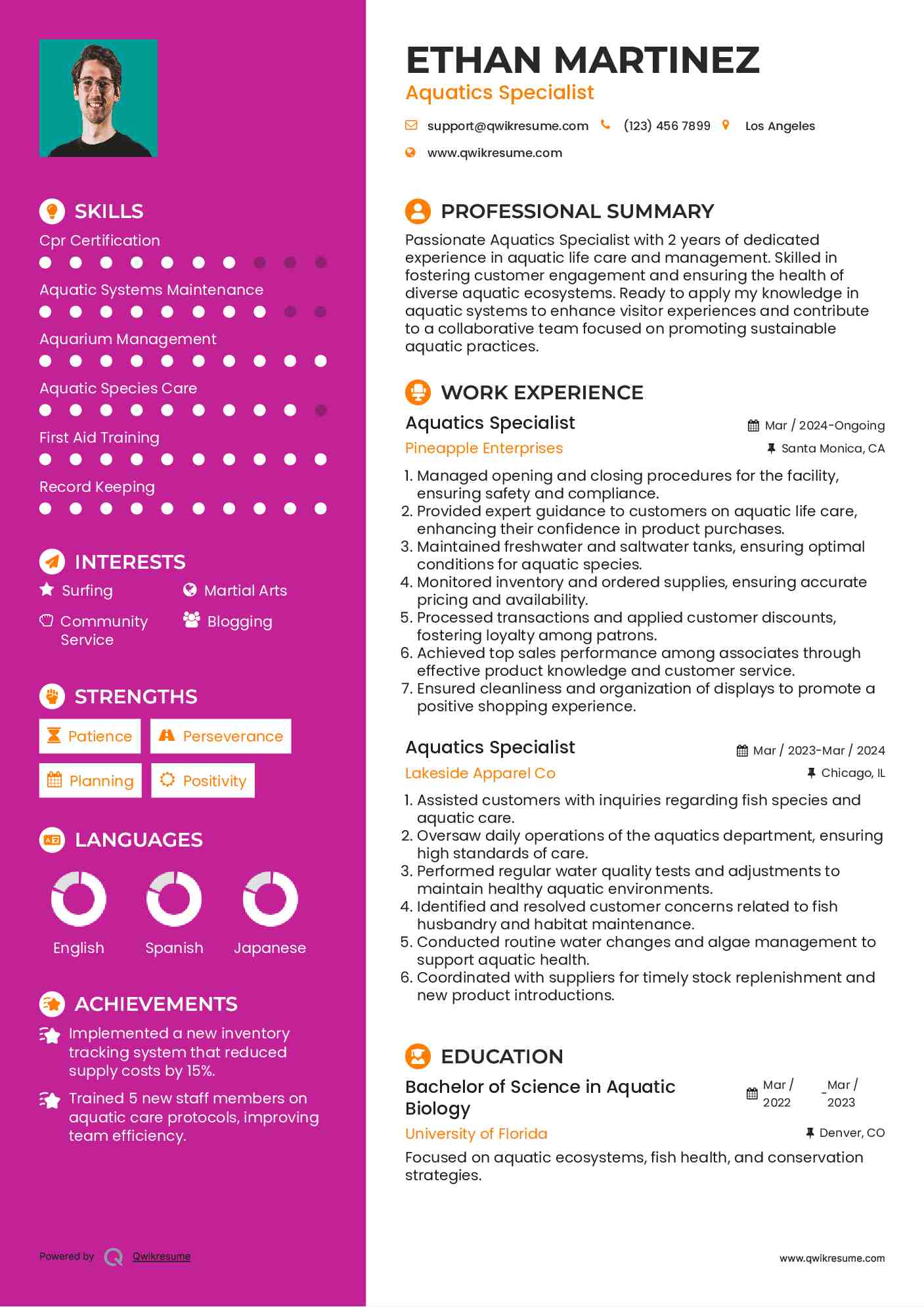 Aquatics Specialist Resume Sample