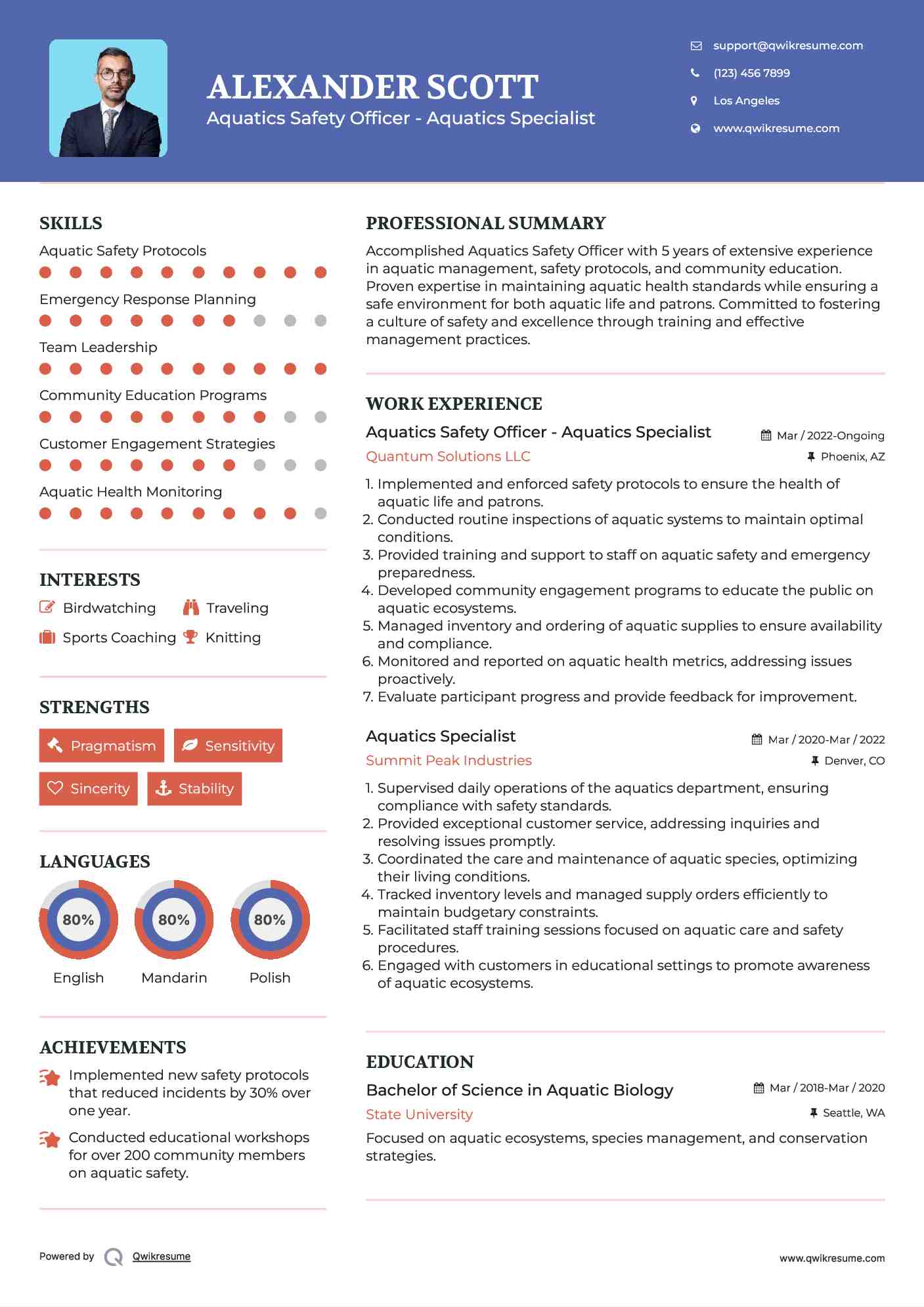 Aquatics Safety Officer - Aquatics Specialist Resume Example