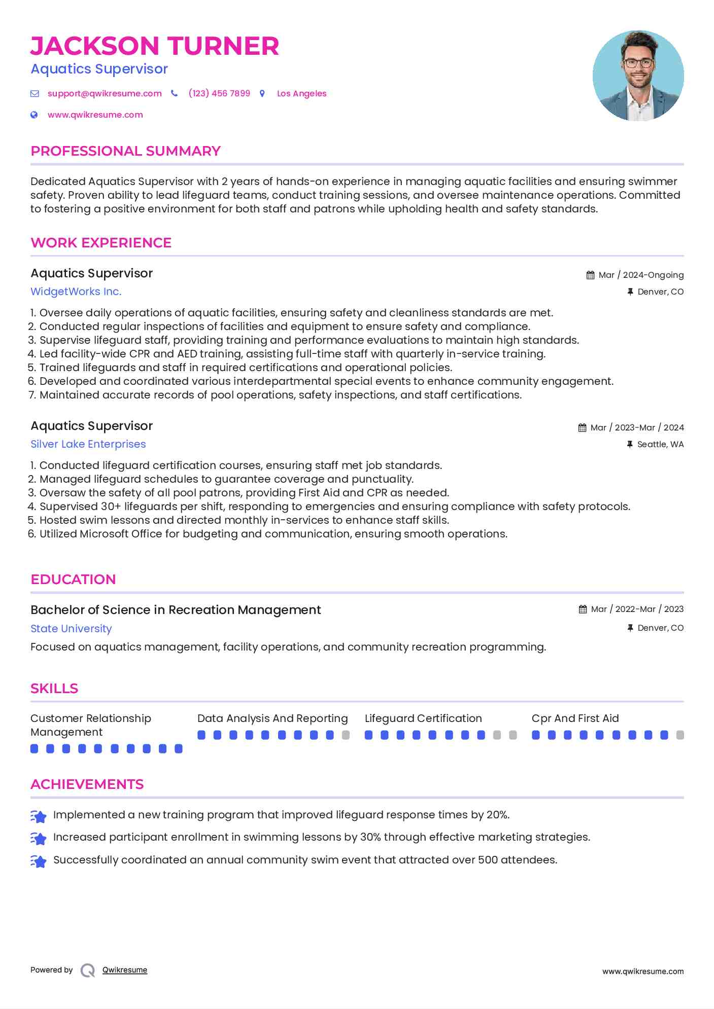 Aquatics Supervisor Resume Model