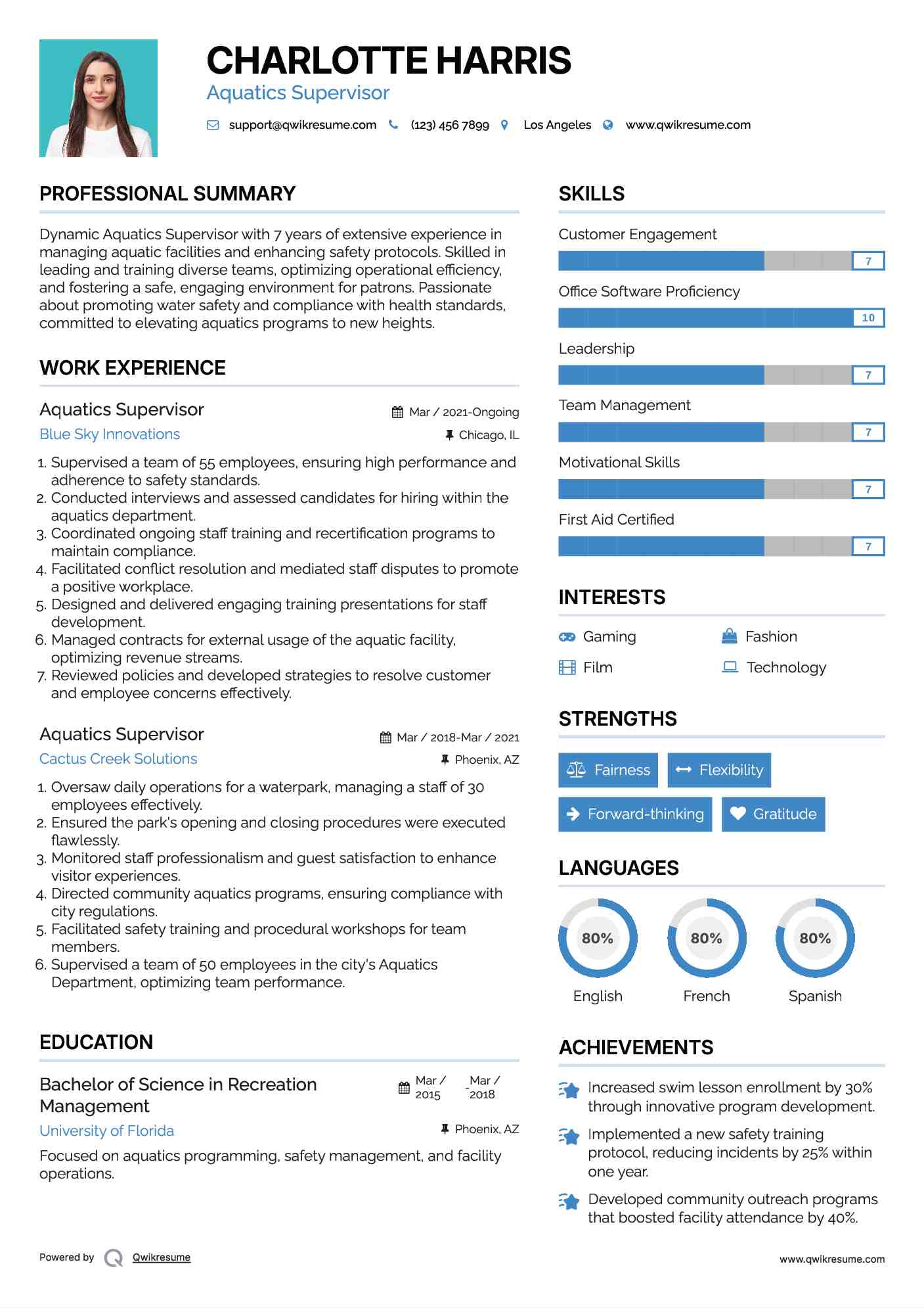 Aquatics Supervisor Resume Samples QwikResume