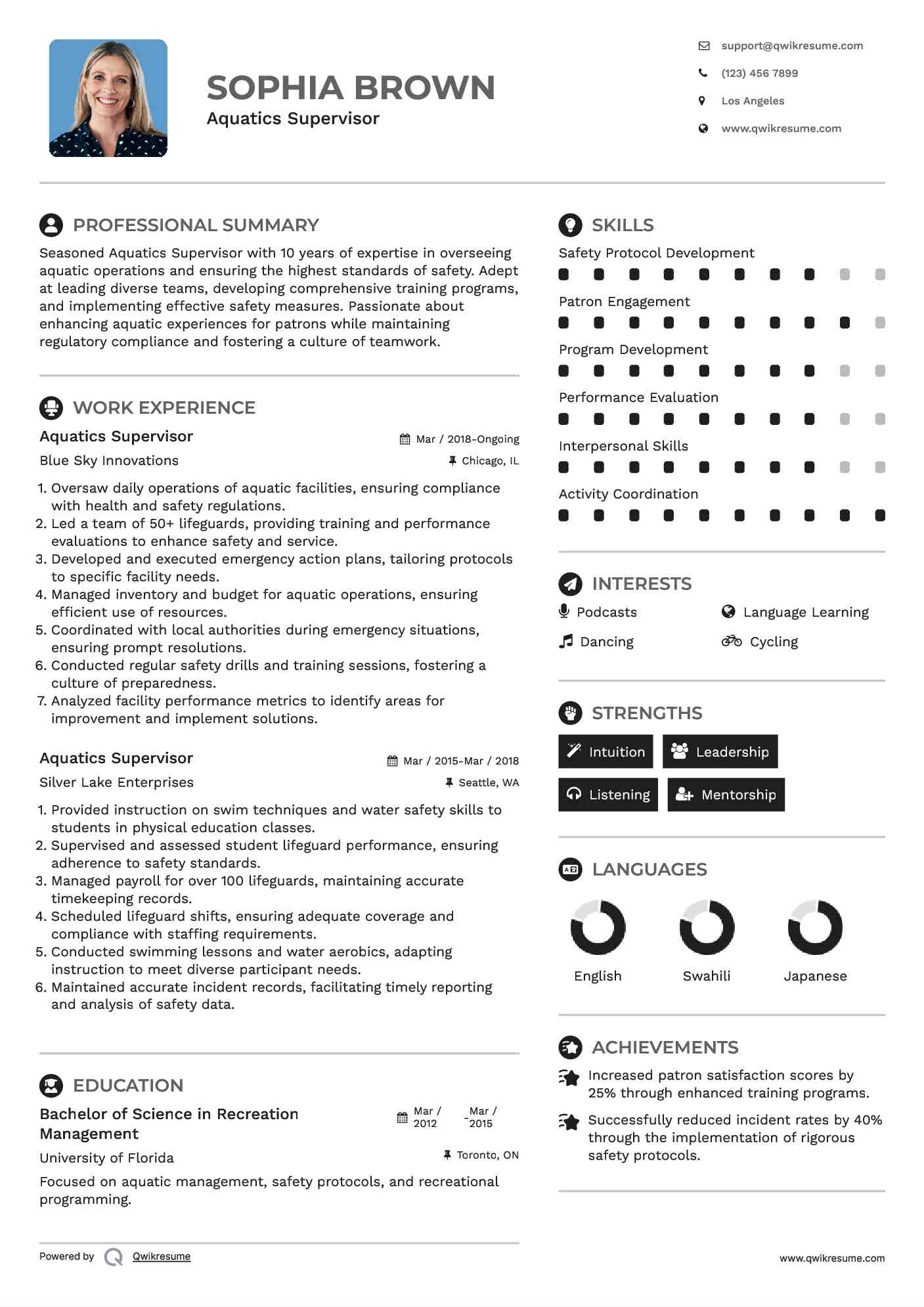 Aquatics Supervisor Resume Samples QwikResume