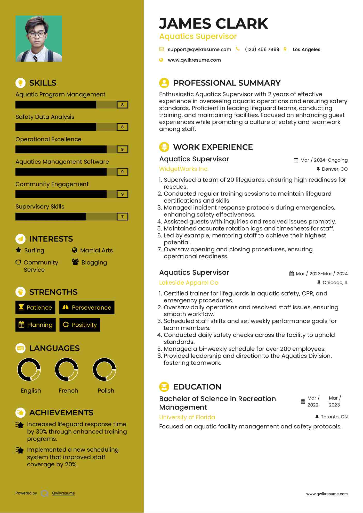 Aquatics Supervisor Resume Model