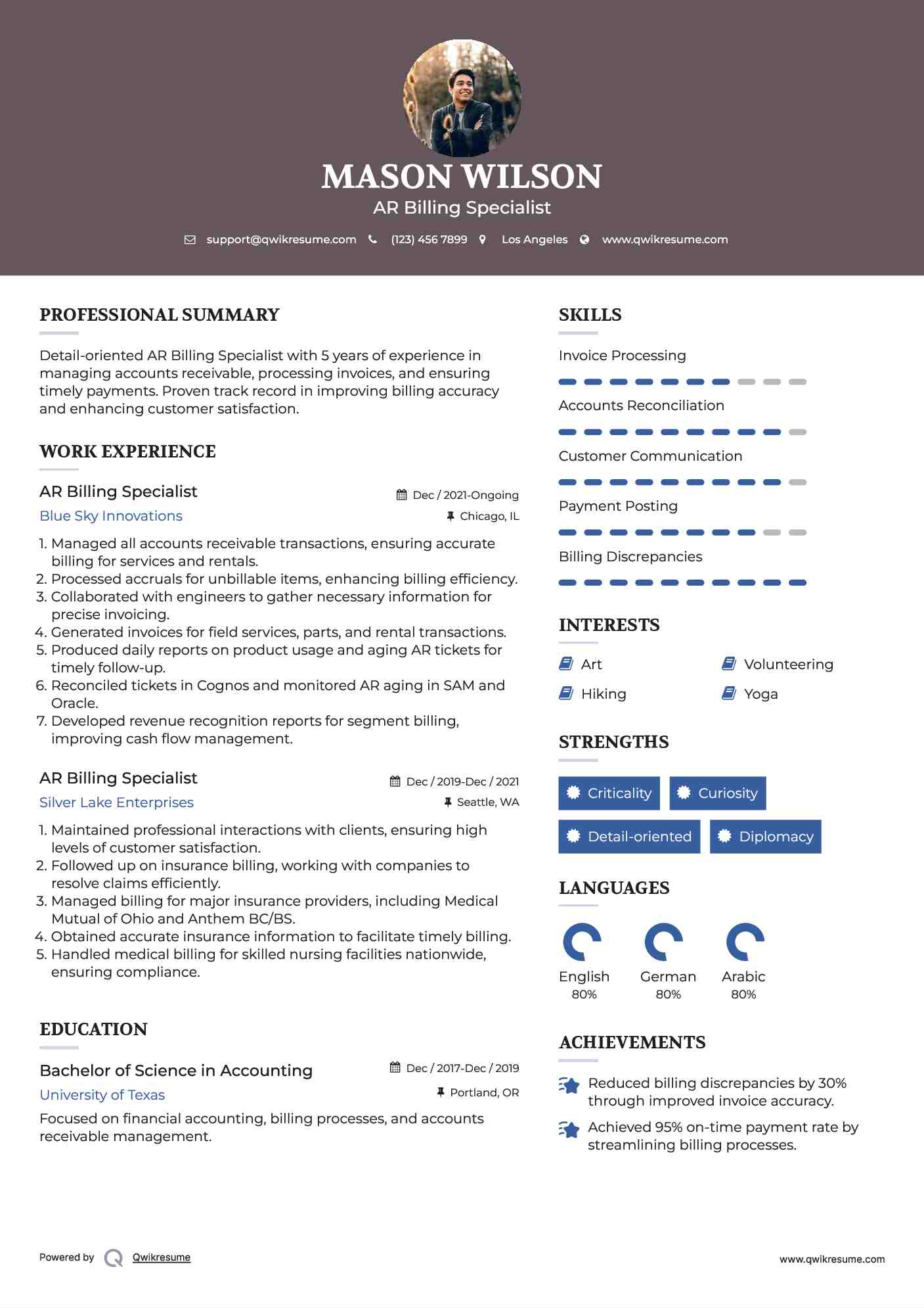 AR Billing Specialist Resume Model