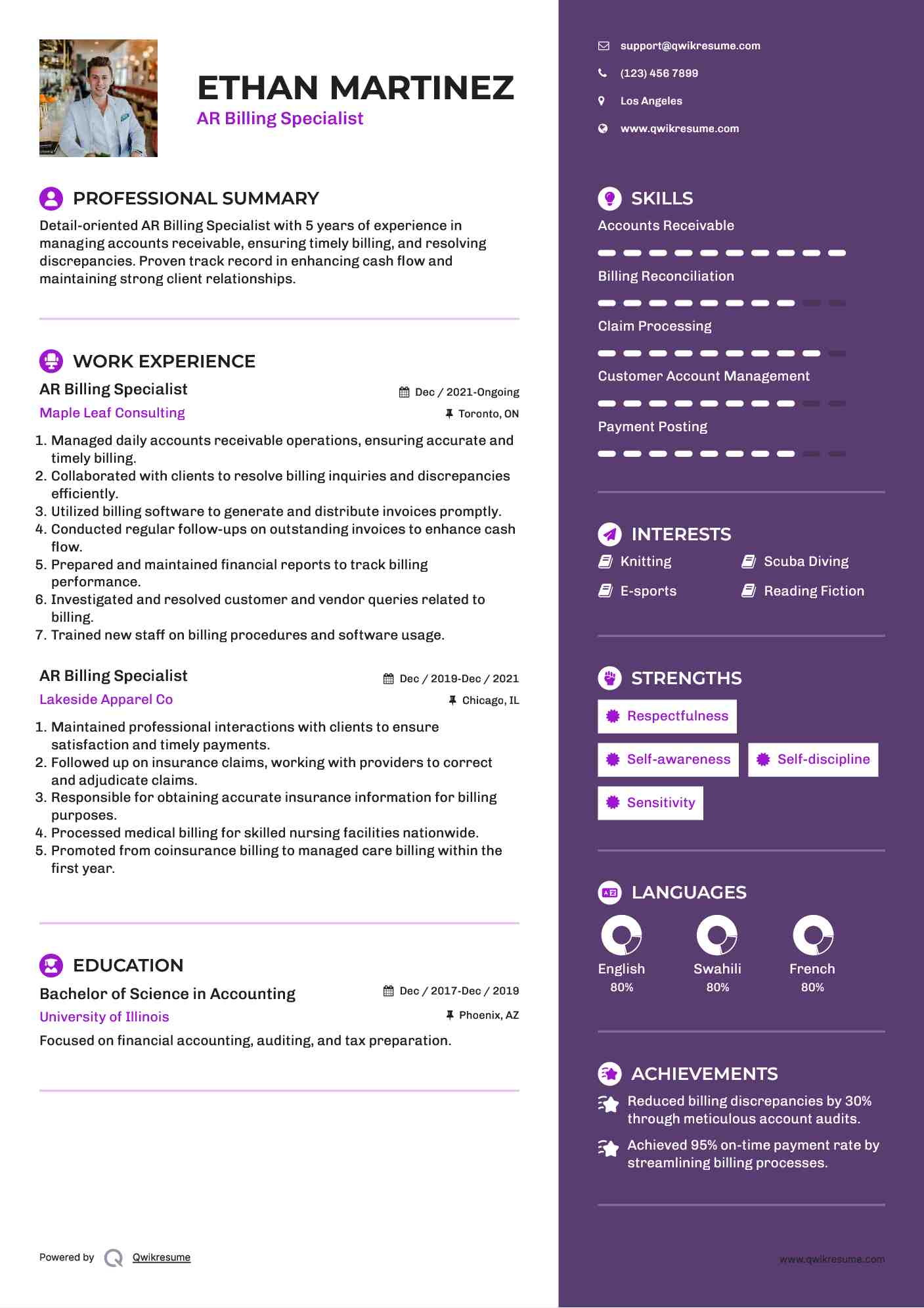 AR Billing Specialist Resume Format