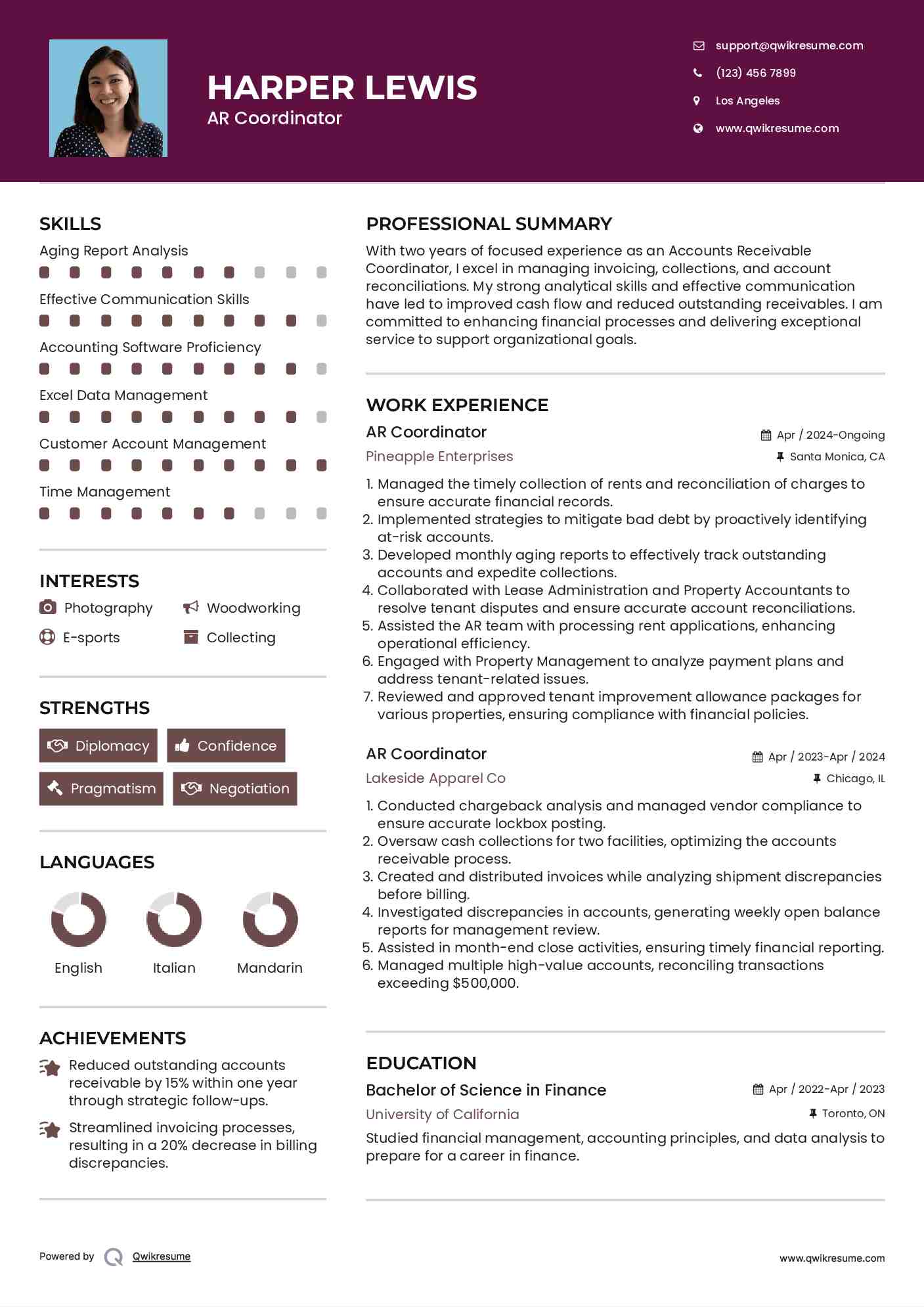 AR Coordinator Resume Sample