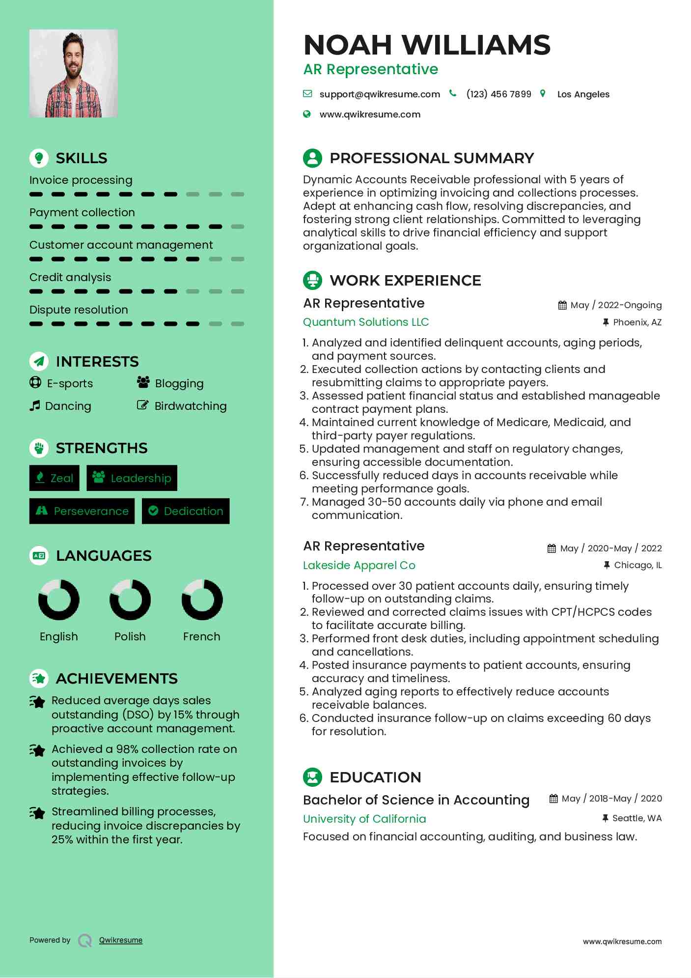 AR Representative Resume Sample