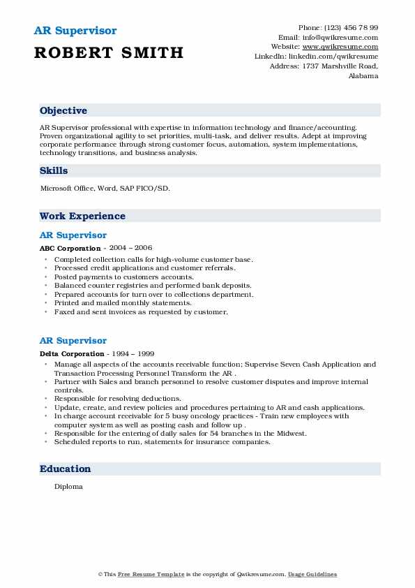 AR Supervisor Resume Samples QwikResume