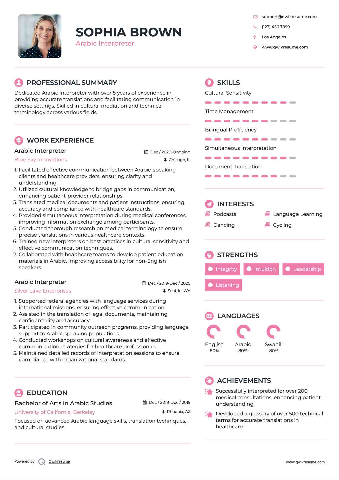 Arabic Interpreter Resume Sample