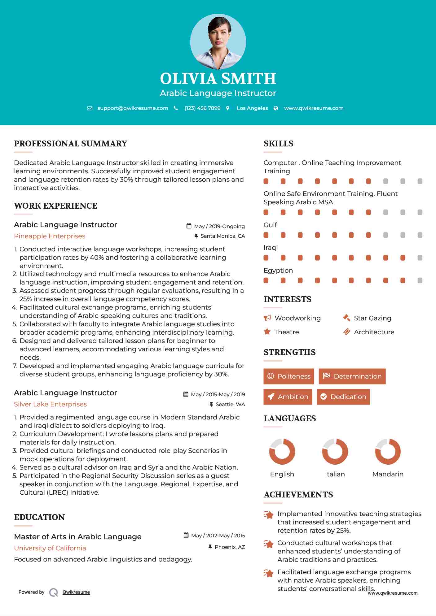 Arabic Language Instructor Resume Example