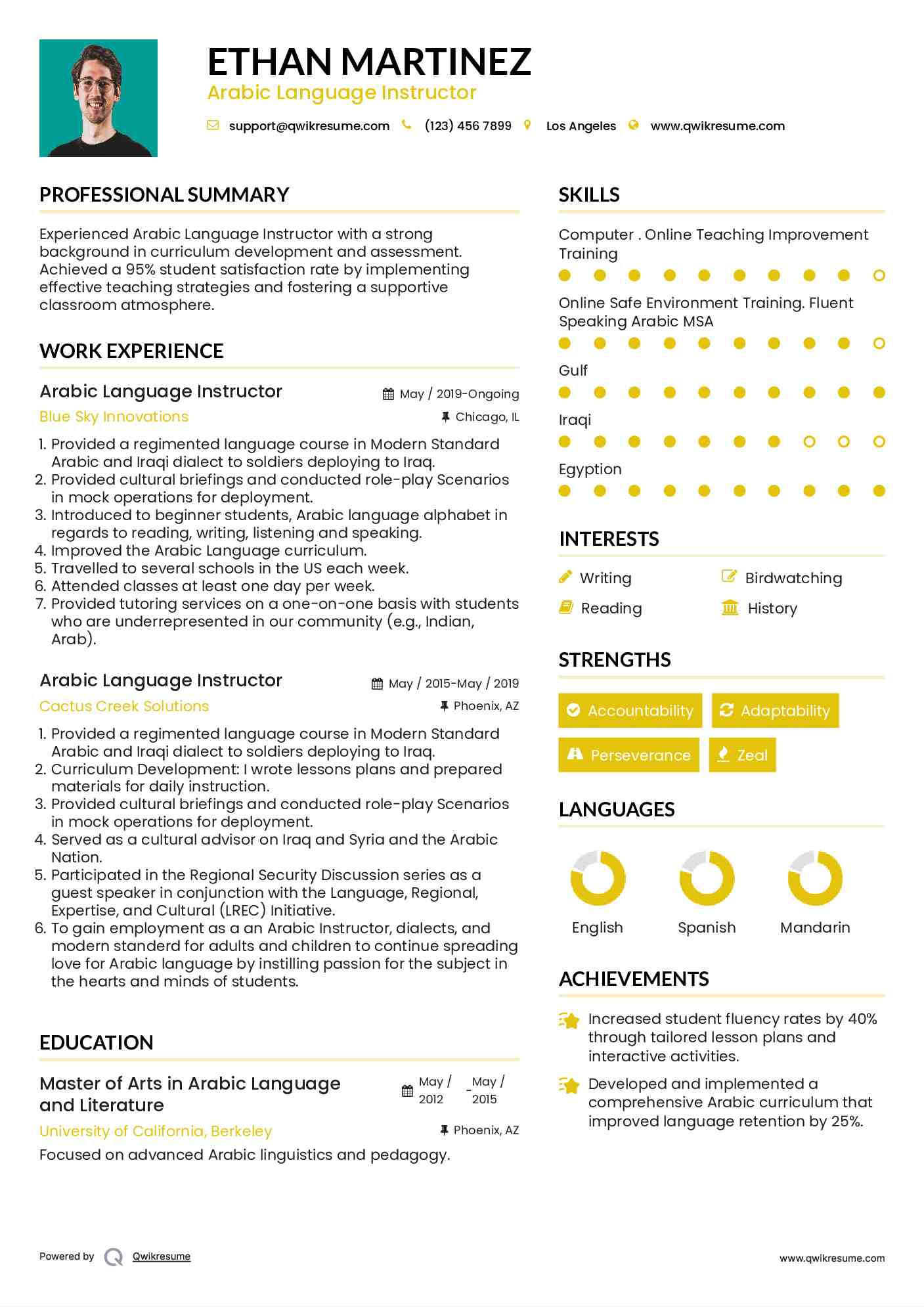 Arabic Language Instructor Resume Example