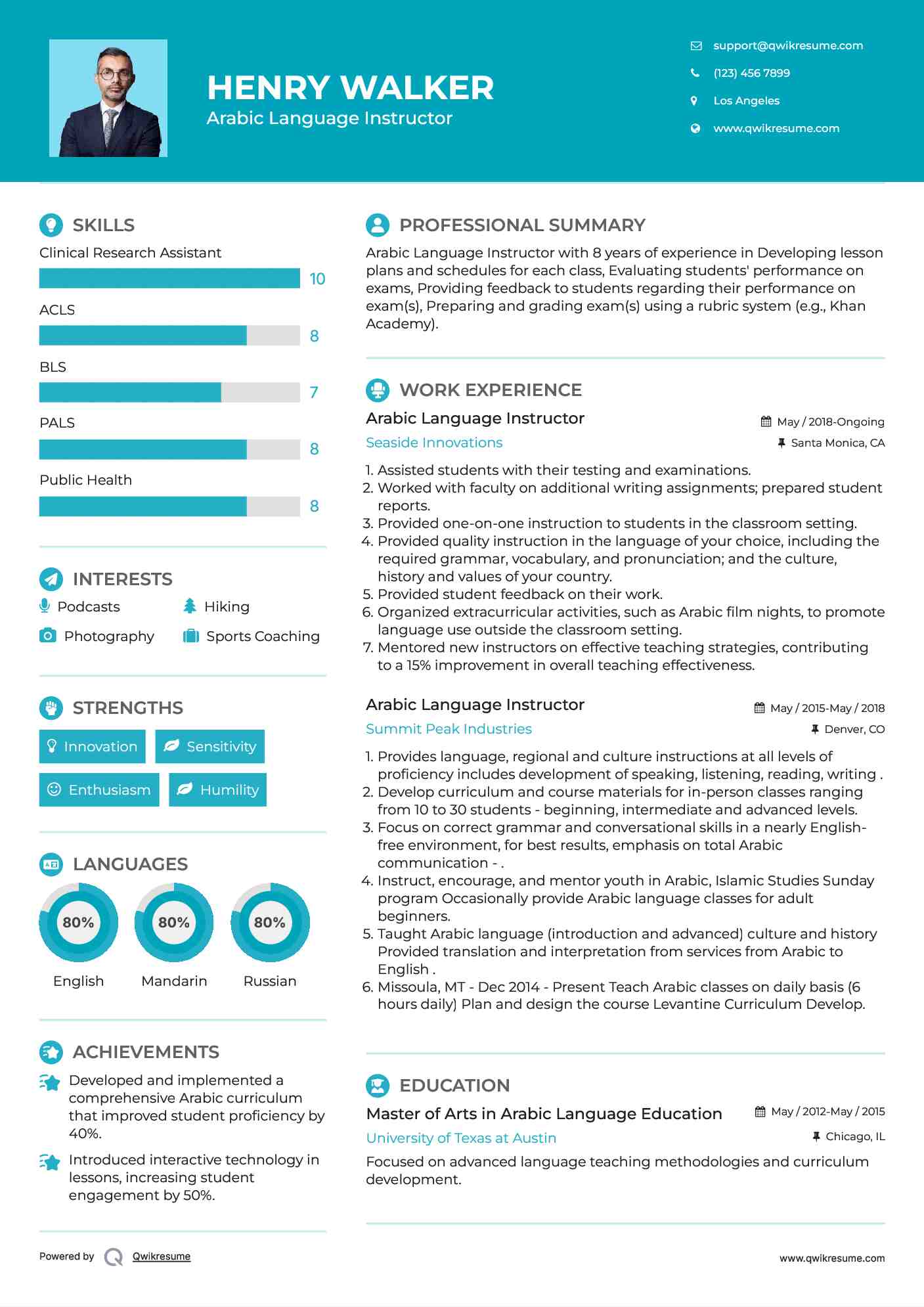 Arabic Language Instructor Resume Template