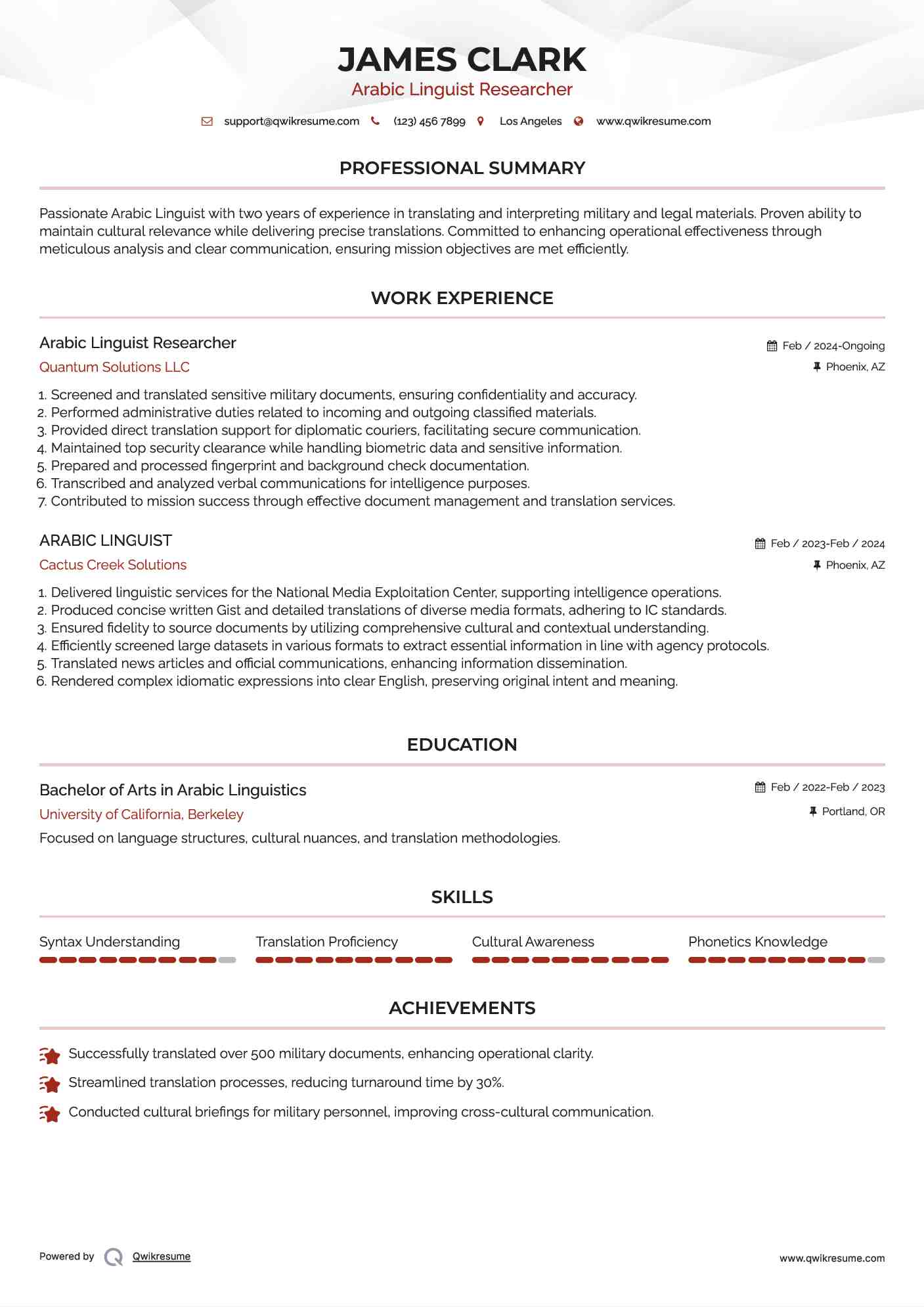 Arabic Linguist Researcher Resume Model