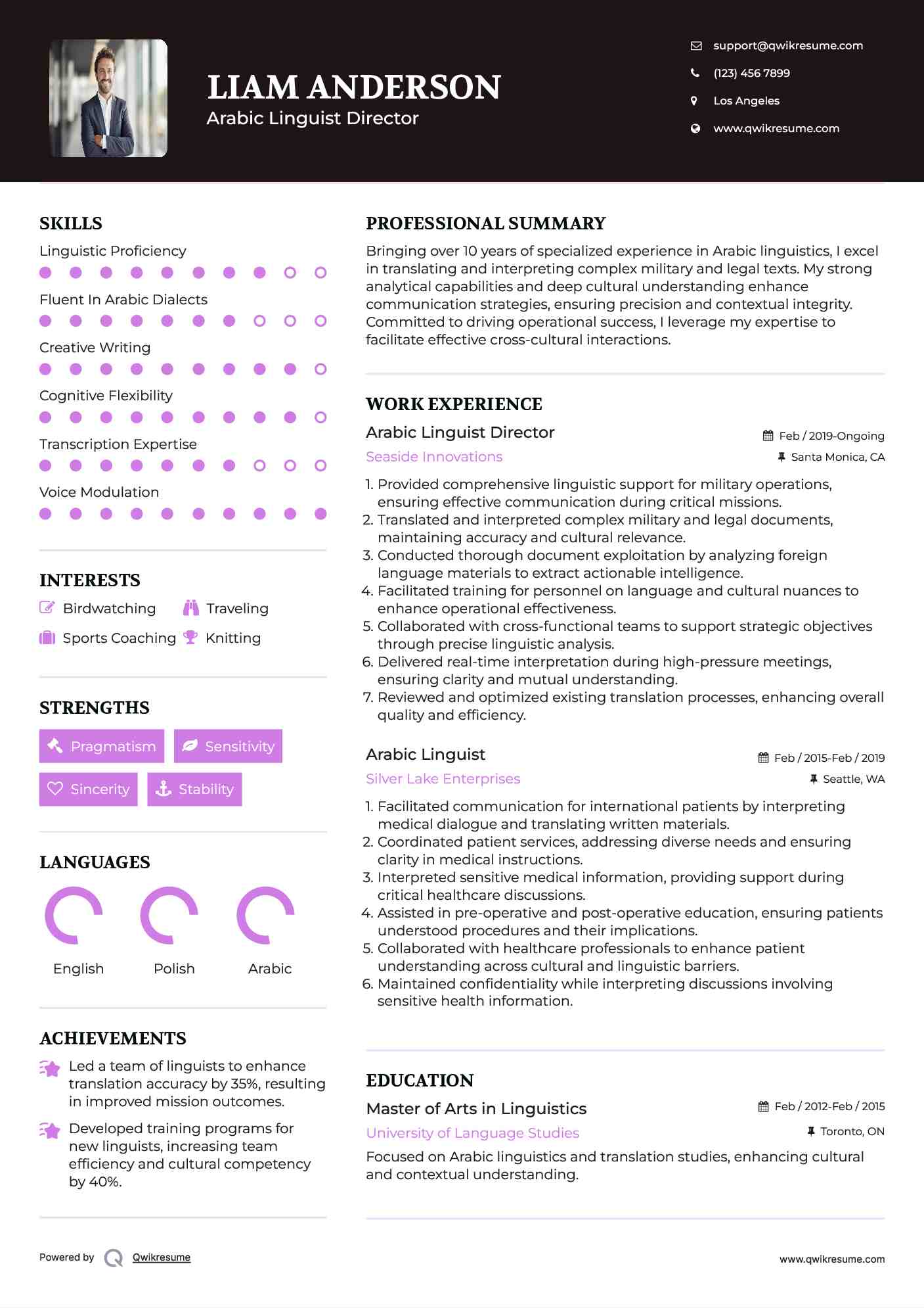Arabic Linguist Director Resume Example