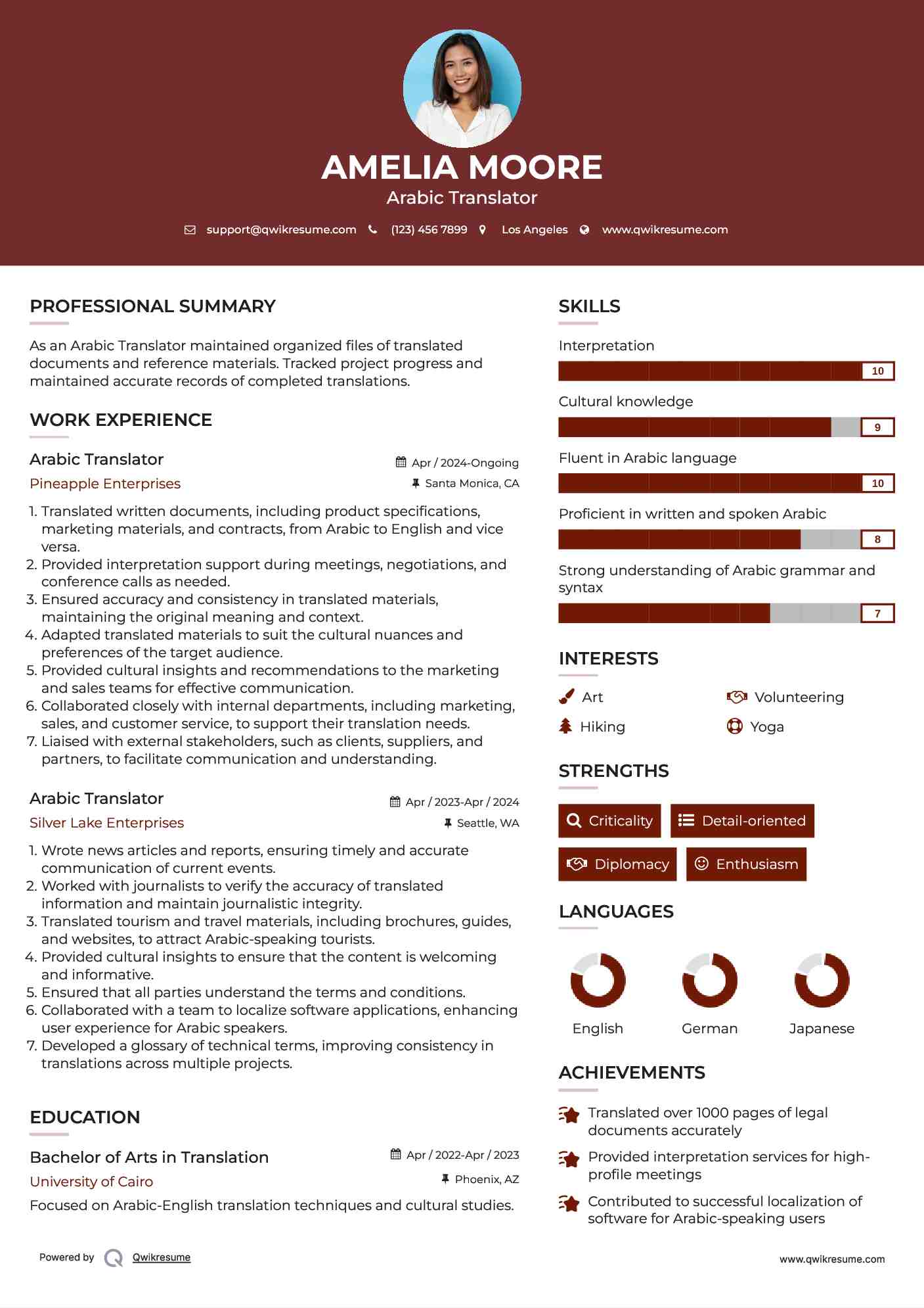 Arabic Translator Resume Format