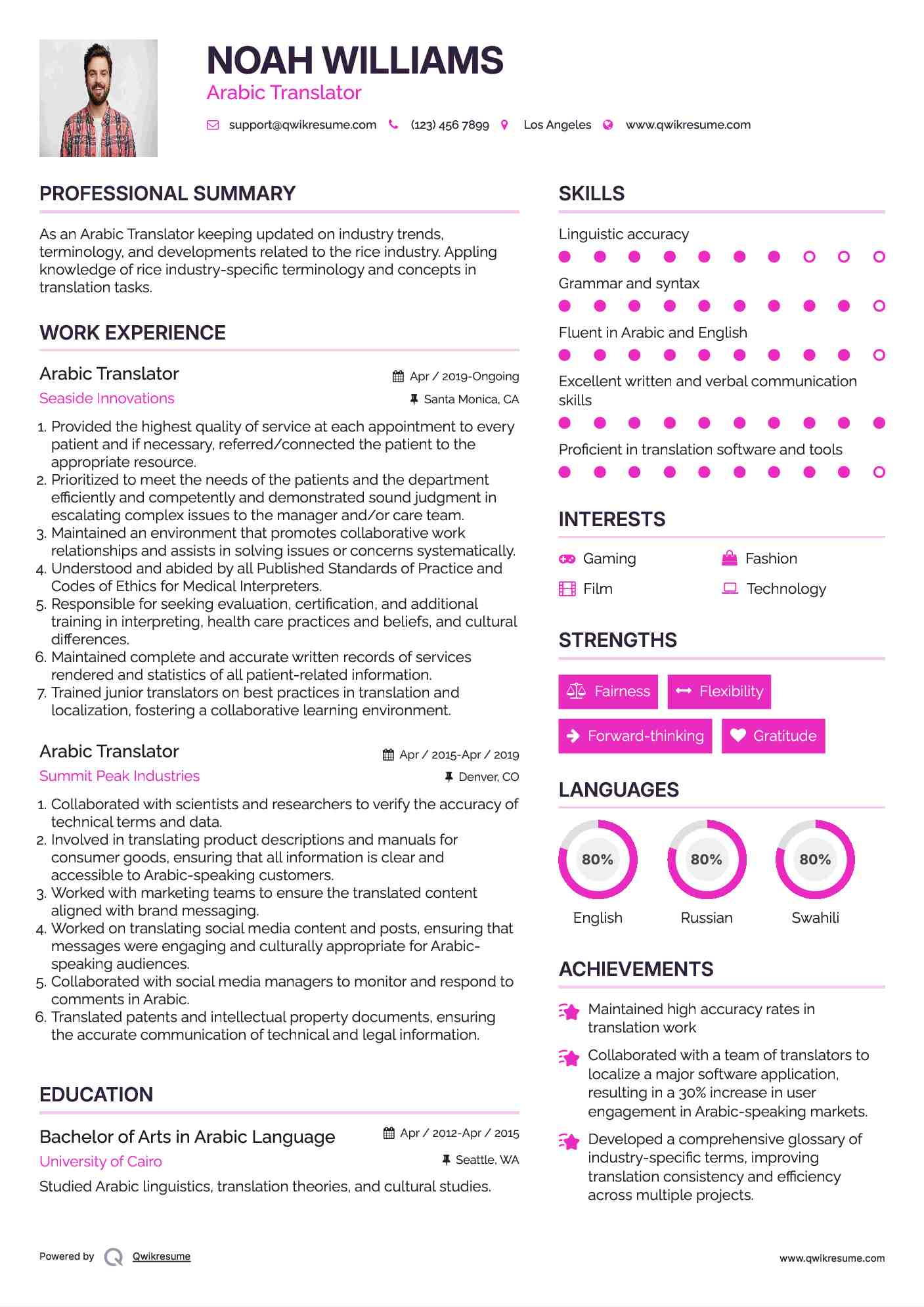 Arabic Translator Resume Sample