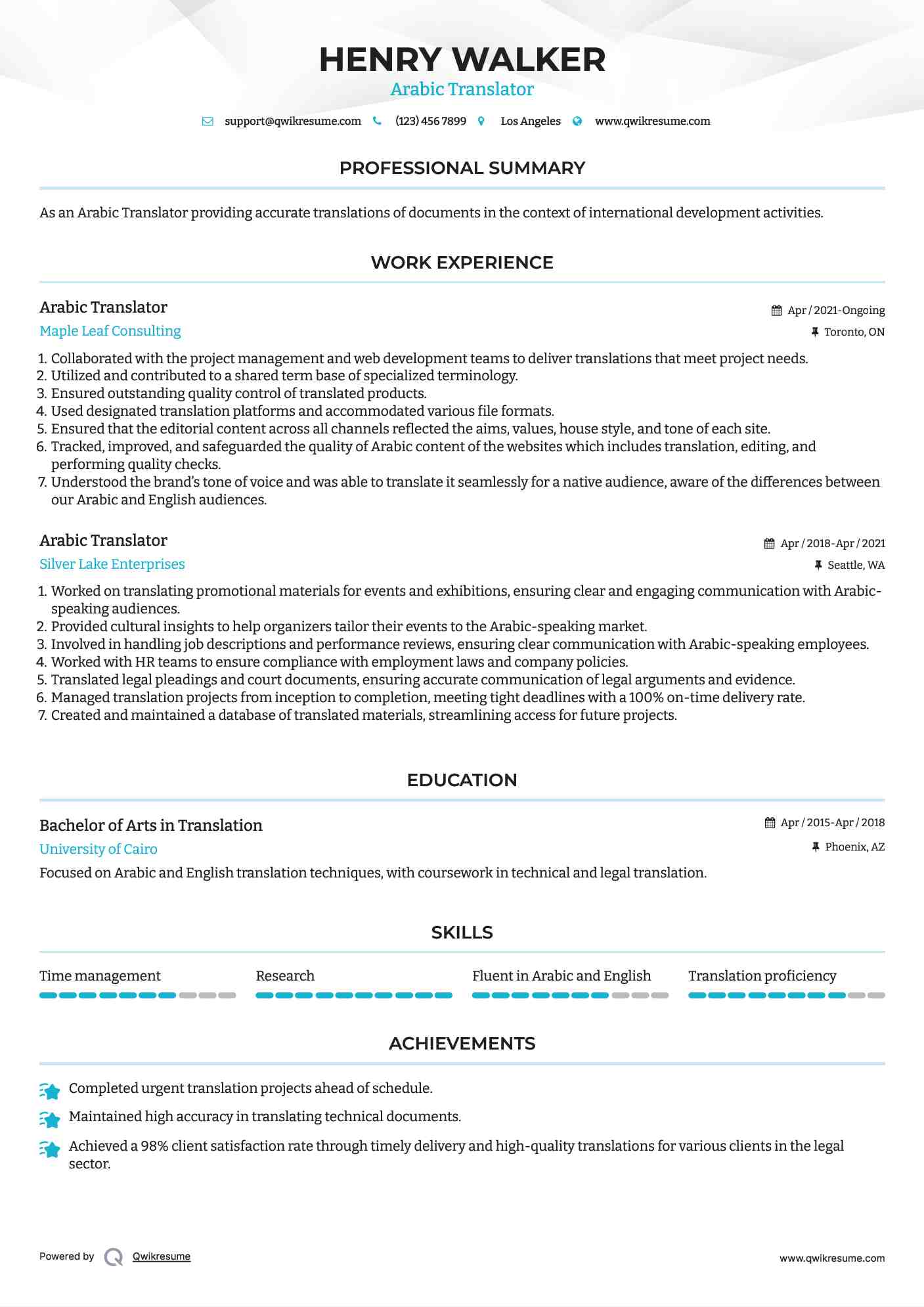 Arabic Translator Resume Sample