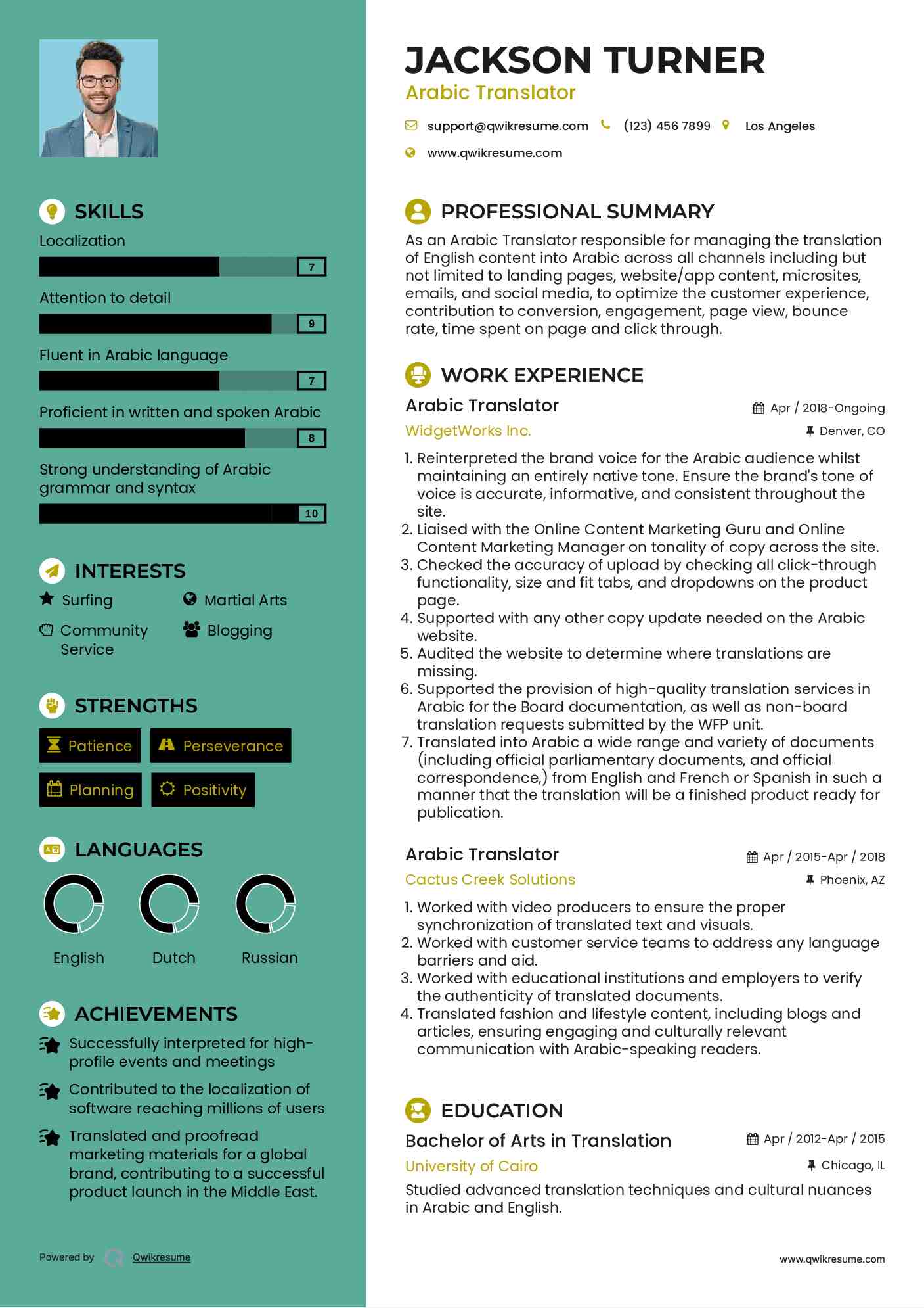 Arabic Translator Resume Sample