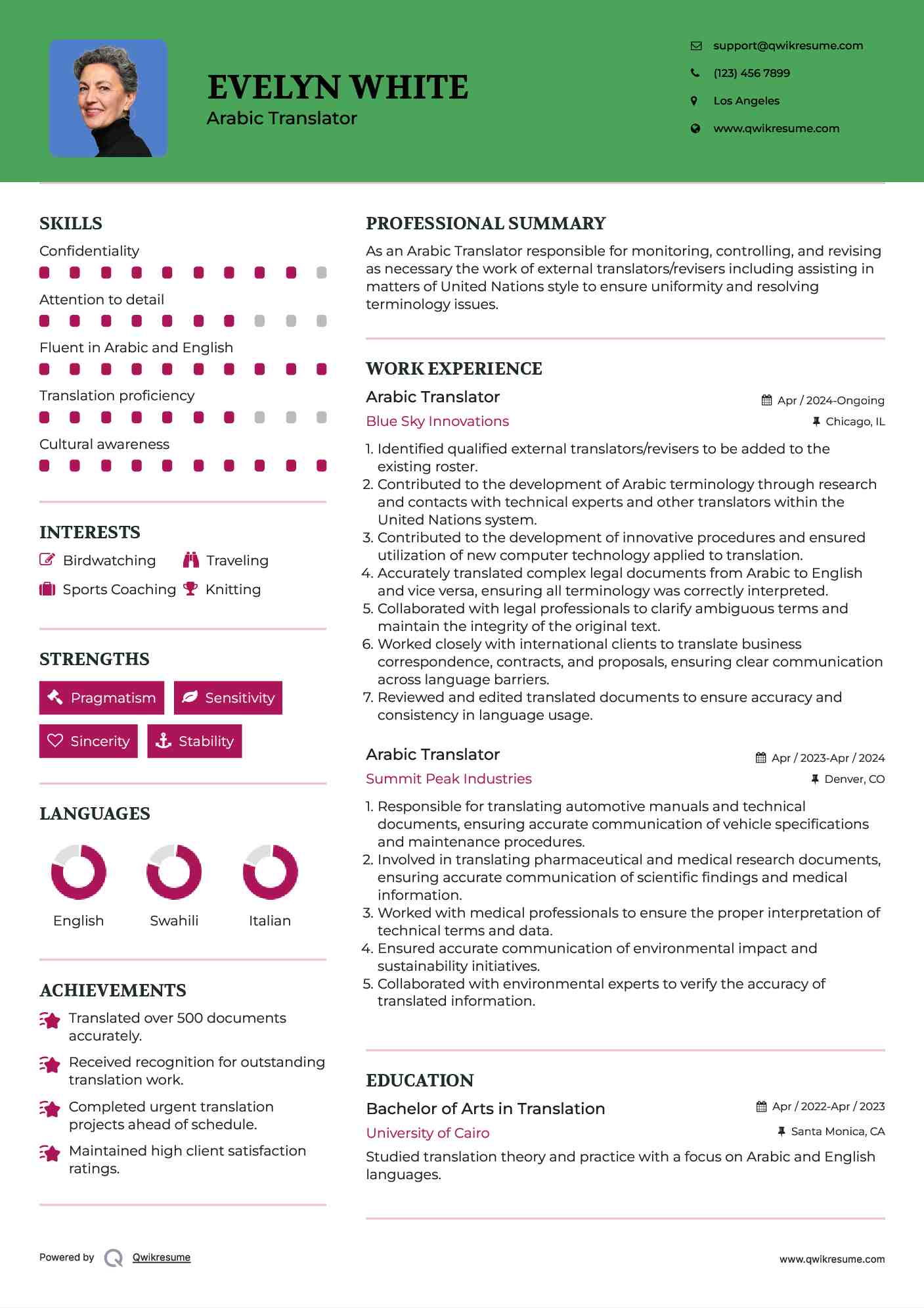 Arabic Translator Resume Model