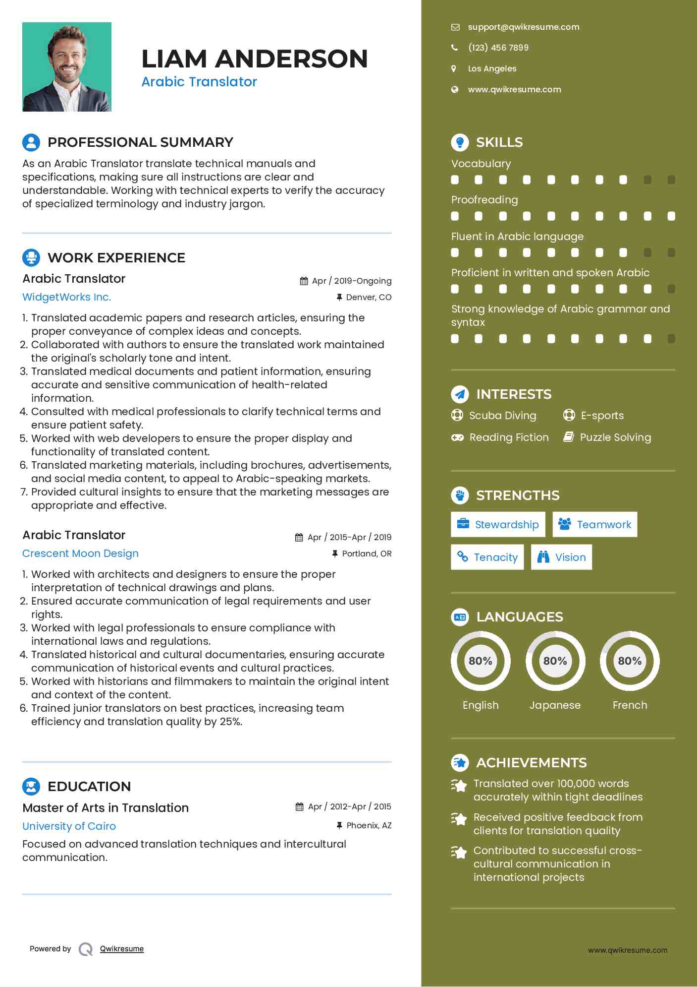 Arabic Translator Resume Example