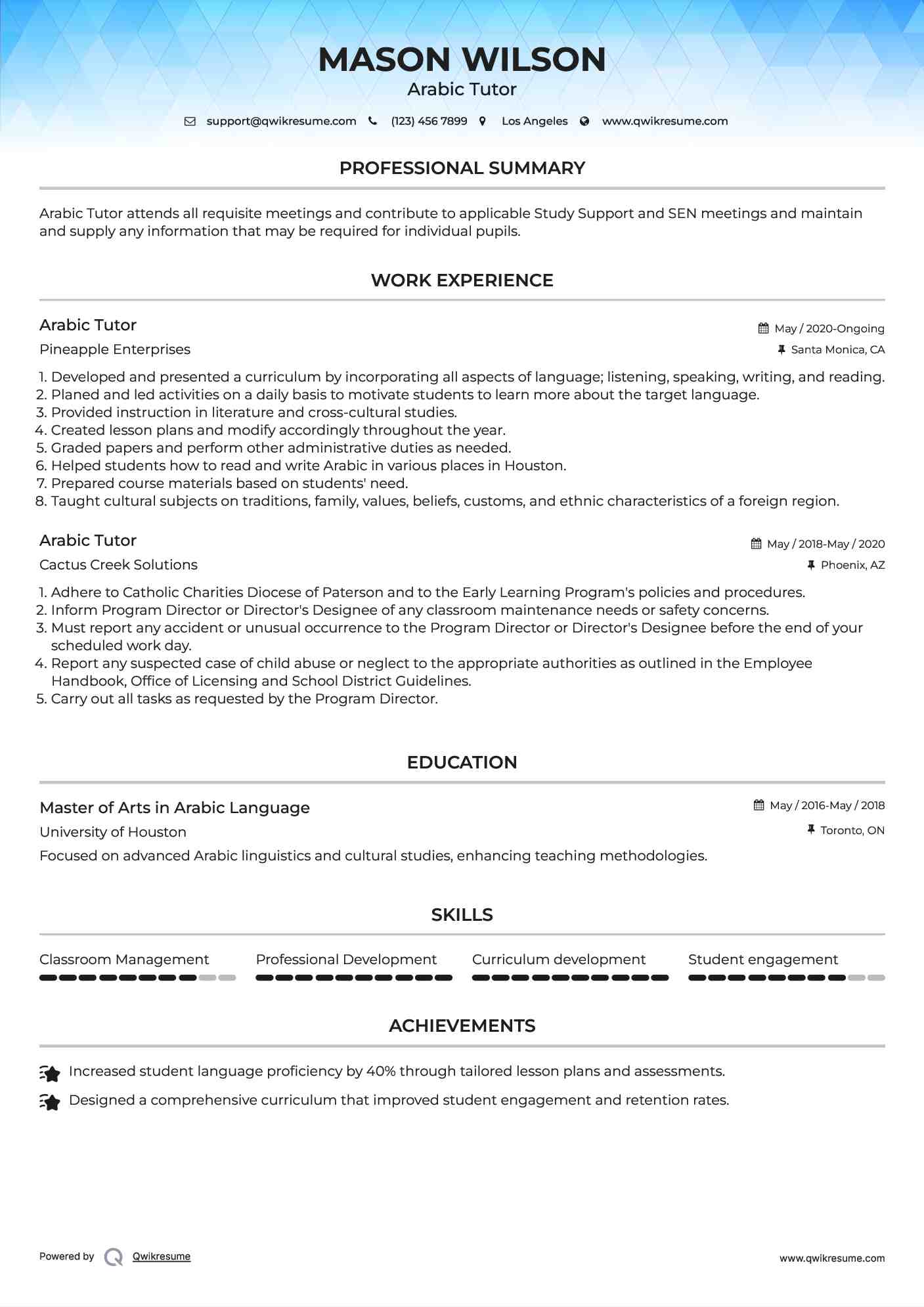 Arabic Tutor Resume Template