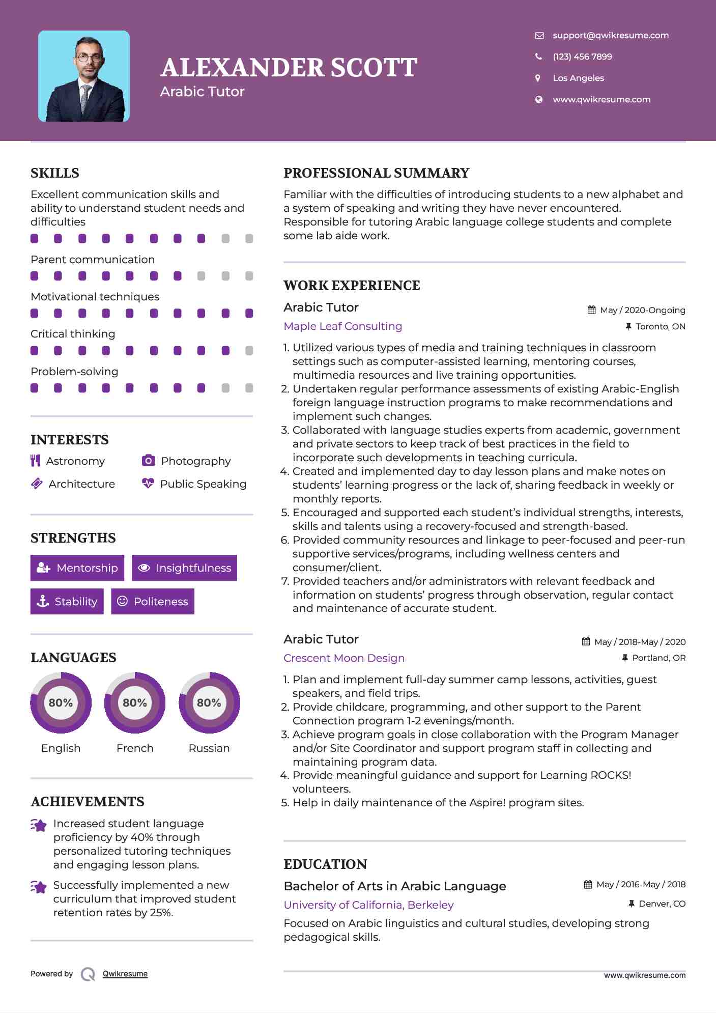 Arabic Tutor Resume Example