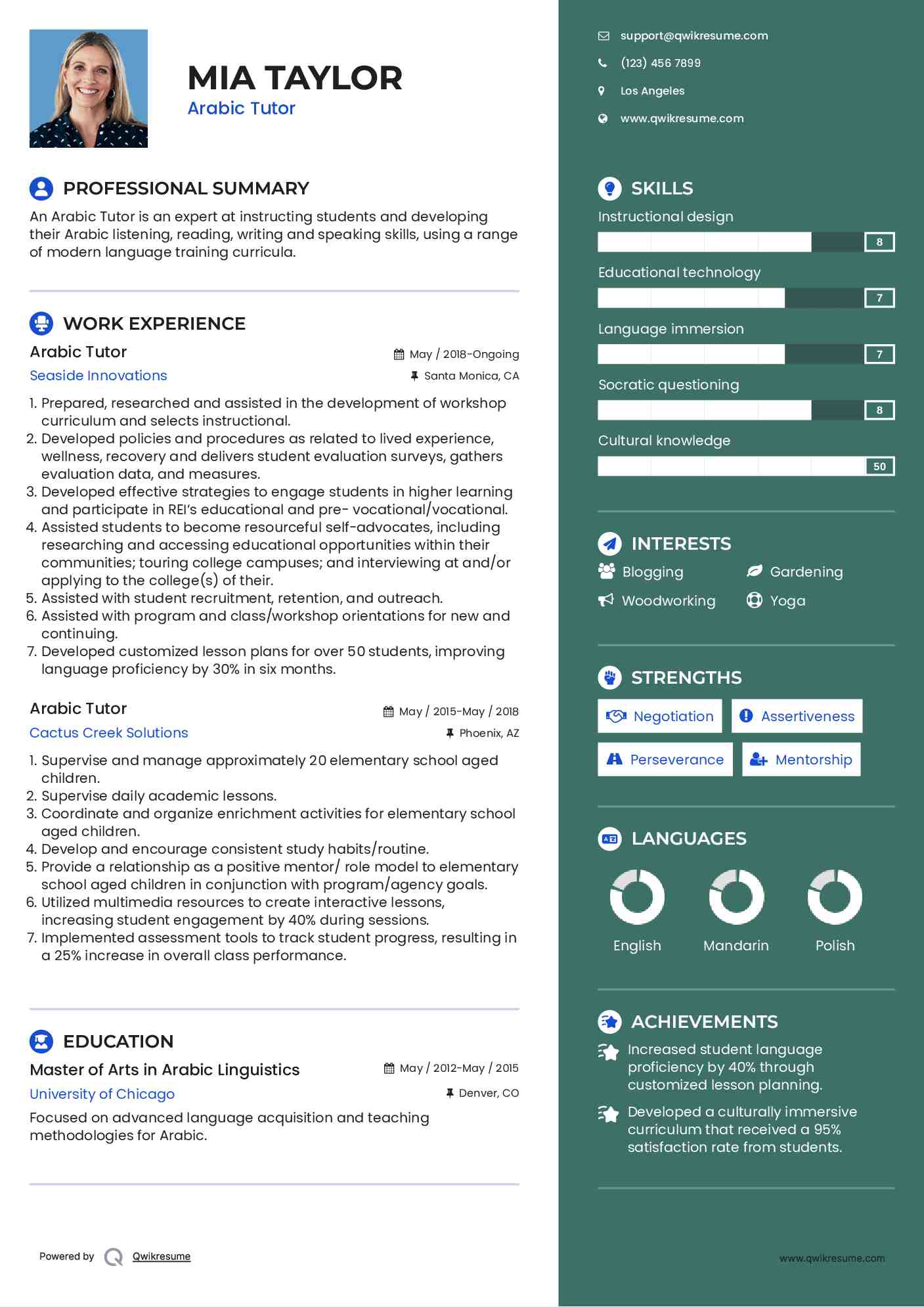 Arabic Tutor Resume Template