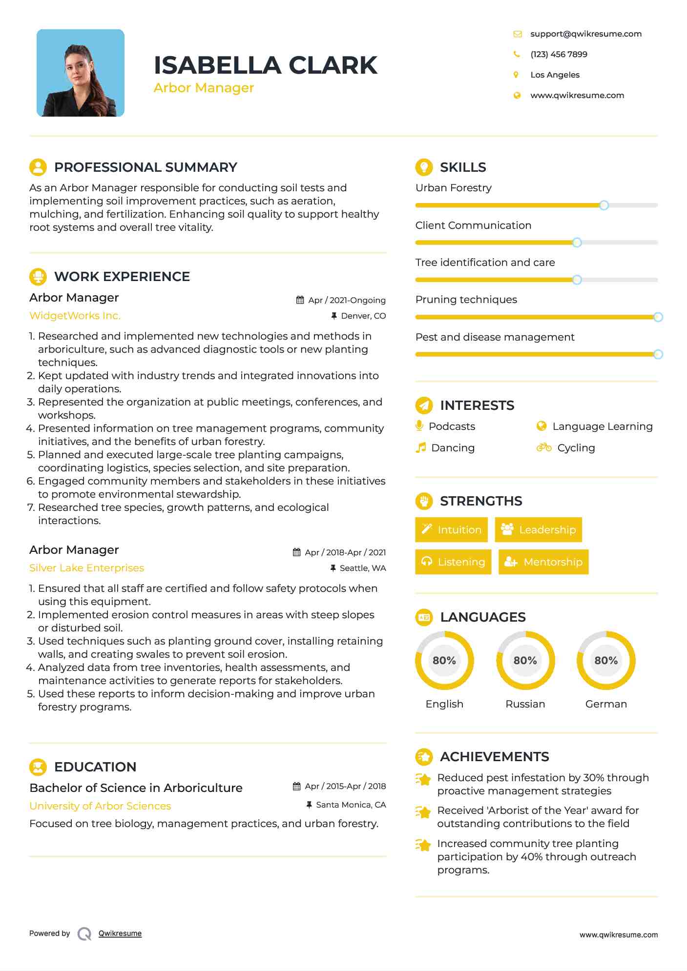 Arbor Manager Resume Sample